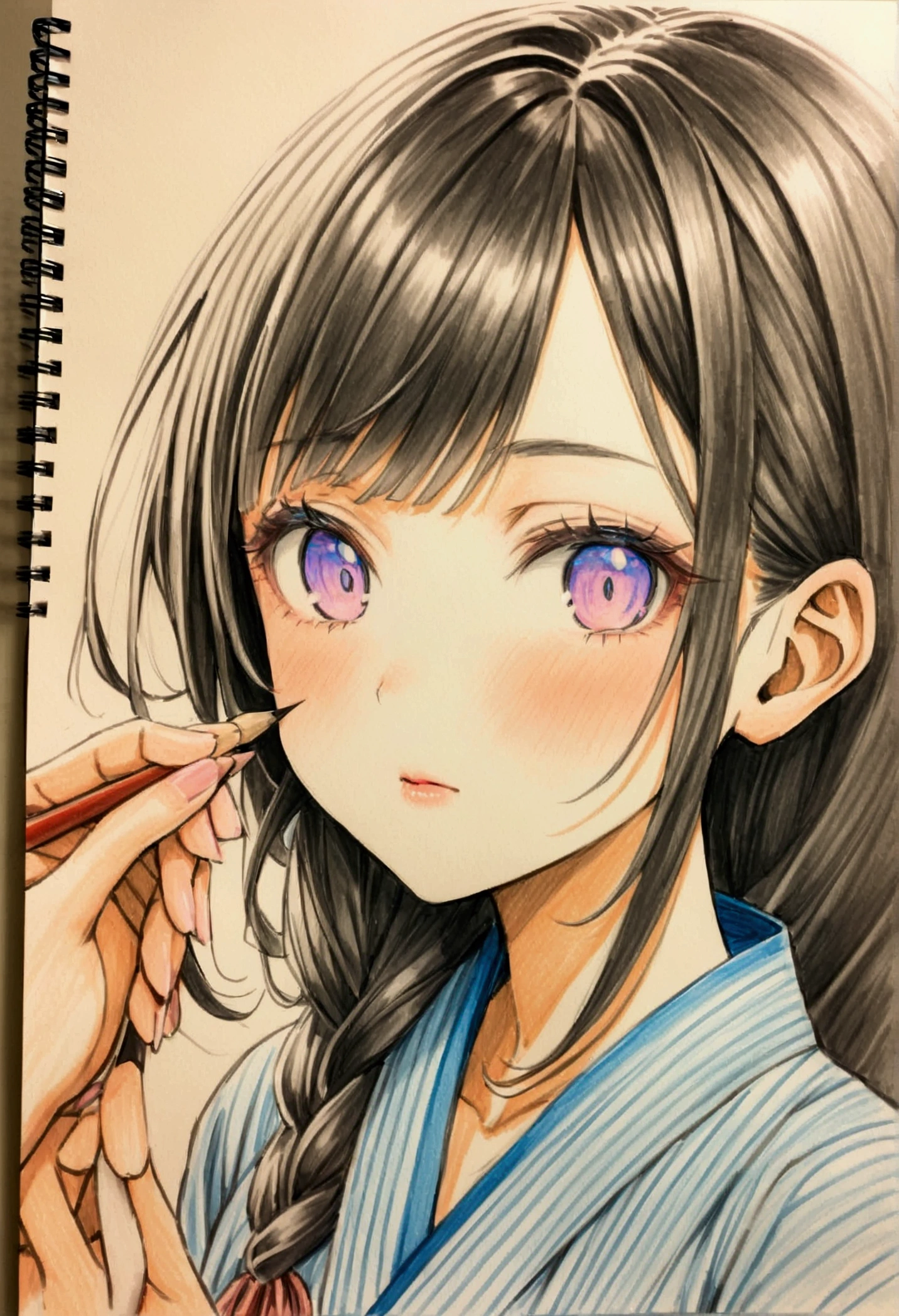 Summer festival, girl&#39;s face up, yukata, colored pencil