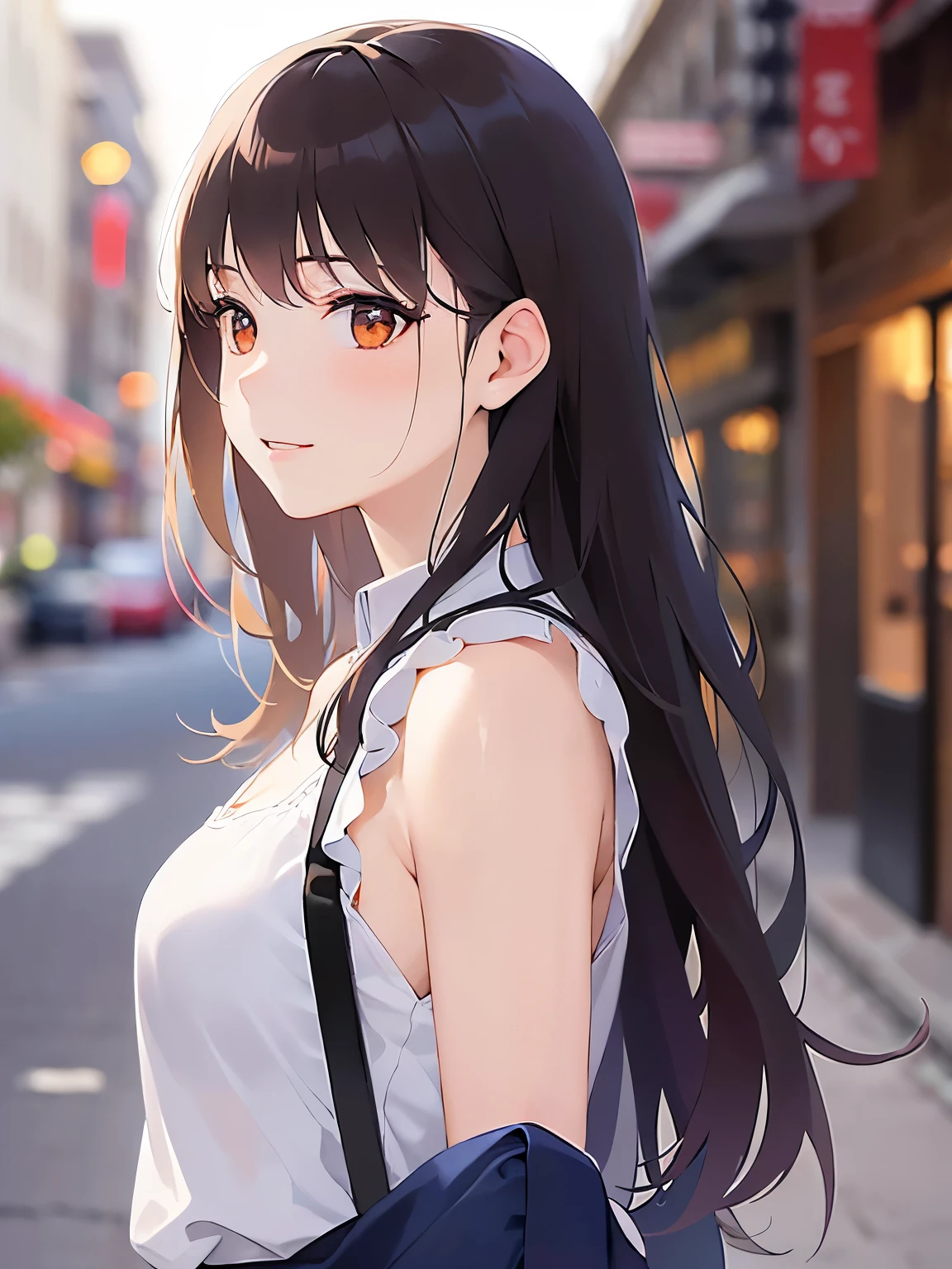 side angle, (looking away:1.5), Upper Body, Realistic, real person, (pale skin: 1.2), RAW photo, photorealistic, shiny skin, shiny hair、(A 25-year-old woman with medium-length hair and bangs) and (wavy hair) and (brown hair) and (orange eyes) , (White blouse) 、Cleavage、smile, The background is a shopping street、Alone、Are standing