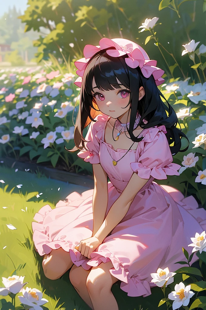 ((best quality)), ((masterpiece)), (detailed), perfect face, anime girl with big powder pink dress sitting properly on the grass in the garden, the weather is sunny and shining, there's flowers in the garden, not big , powder pink dress with little white roses on top of it, long and straight black hair with bangs,  the girl has powder pink eyes, dress with the necklace, shoulders, arms and knees are exposed, wearing a collar the accessory, dress has little flowers on the top of fabric, dress with flowers on it, dress has ribbons and tulle, i suppose to see the whole body in the picture, dress in layers 