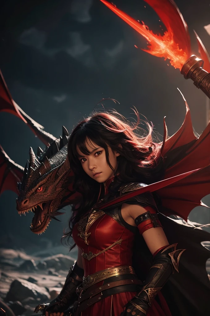 A young female dragon slayer in a red and black costume, wielding a sword and accompanied by a black dragon. The image is highly detailed and of exceptional quality, with dramatic lighting and shadow contrast, creating a captivating fantasy atmosphere. The character's bravery and beauty are vividly portrayed, and the overall composition has a polished, game key visual-like finish.