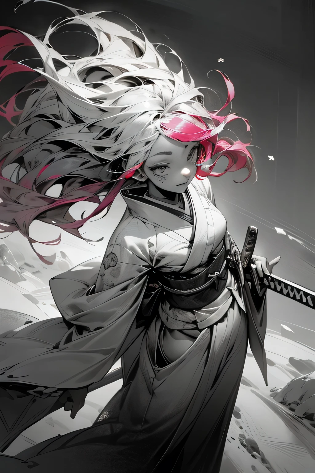 (Ink wash painting:1.5),(monochrome:1.5),(greyscale:1.5),cinematic_angle,landscape,(japanese sword:1.1),(snow field:1.3),snowflakes,(obi:1.3),(kimono:1.1),(sword fight:1.3),(bird's -eye view:1.2),extremely detailed CG unity 8k wallpaper,ultra detail texture,ultra detail hair,(natural skin texture, highly detailed face and eyes),ultra high res,masterpiece,best quality,RAW photo,wide hips,shiny skin,gradient hair,multicolored hair,flipped hair,natural skin texture,((multicolored hair:1.3),(milky white hair:1.2),pink hair,red hair,purple hair),tattoo,