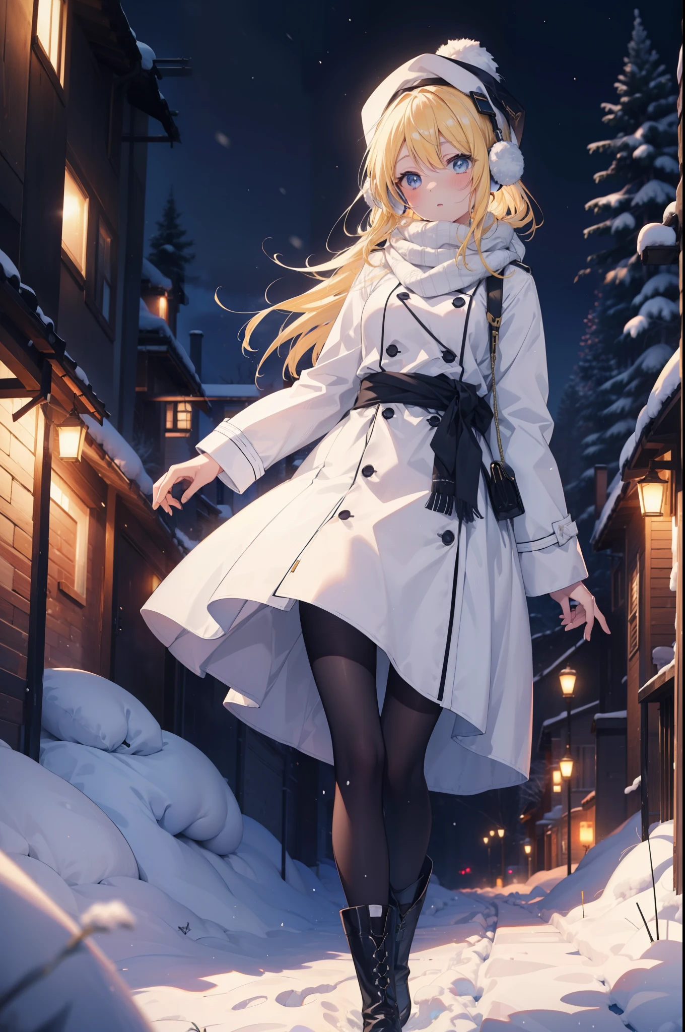 Eliase, catalyst, Yellow Hair, blue eyes, Long Hair,Knitted hat,Earmuffs,blush,Open your mouth,White Breath,White scarf,Light blue long coat,White long skirt,Black pantyhose,short boots,Walking,snowが降っている,snowが積もっている,snow,snow,snow,night,whole bodyがイラストに入るように,
break looking at viewer,whole body,
break outdoors,Residential Street,
break (masterpiece:1.2), Highest quality, High resolution, unity 8k wallpaper, (figure:0.8), (Beautiful attention to detail:1.6), Highly detailed face, Perfect lighting, Highly detailed CG, (Perfect hands, Perfect Anatomy),