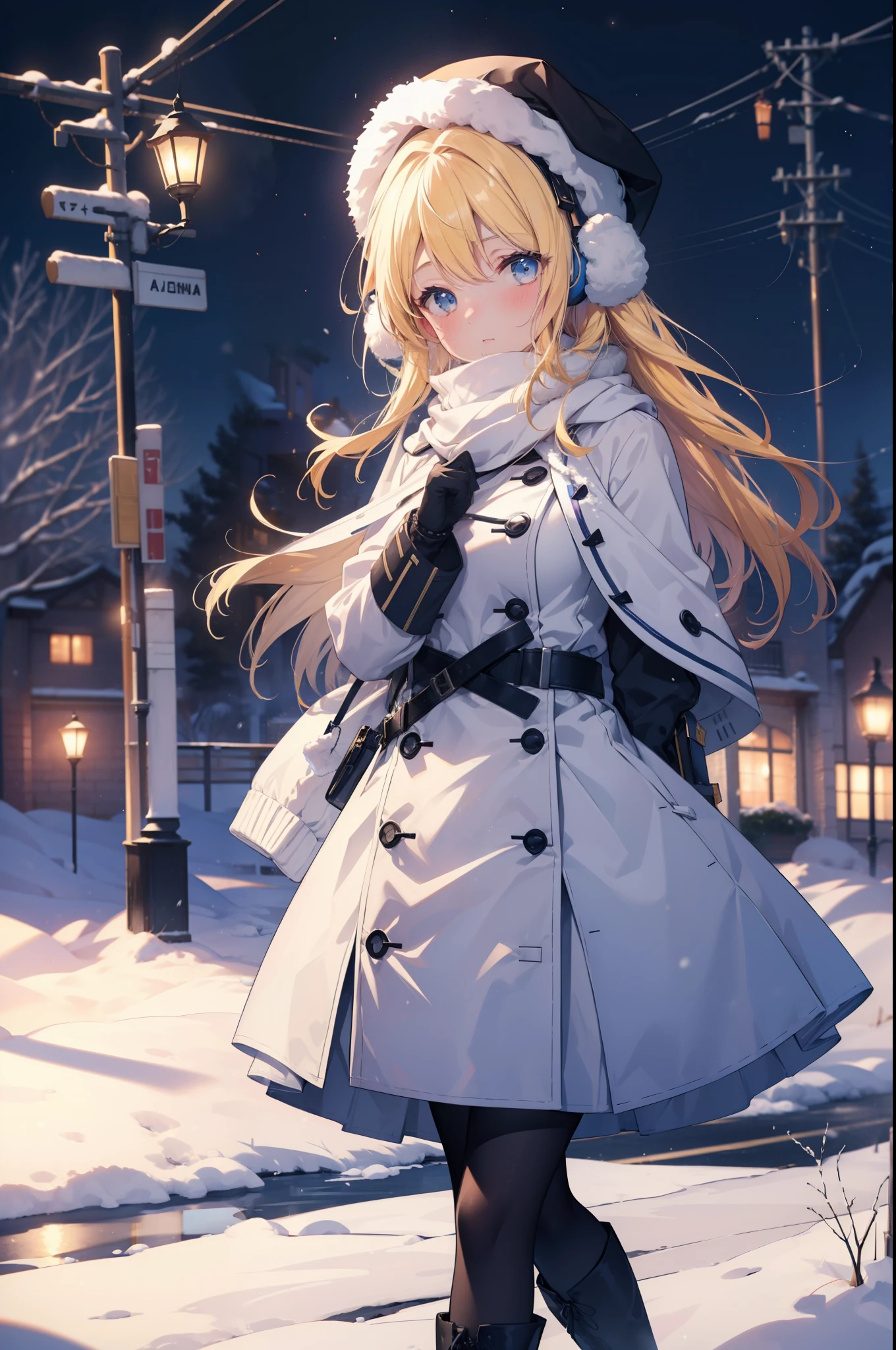 Eliase, catalyst, Yellow Hair, blue eyes, Long Hair,Knitted hat,Earmuffs,blush,Open your mouth,White Breath,White scarf,Light blue long coat,White long skirt,Black pantyhose,short boots,Walking,snowが降っている,snowが積もっている,snow,snow,snow,night,whole bodyがイラストに入るように,
break looking at viewer,whole body,
break outdoors,Residential Street,
break (masterpiece:1.2), Highest quality, High resolution, unity 8k wallpaper, (figure:0.8), (Beautiful attention to detail:1.6), Highly detailed face, Perfect lighting, Highly detailed CG, (Perfect hands, Perfect Anatomy),
