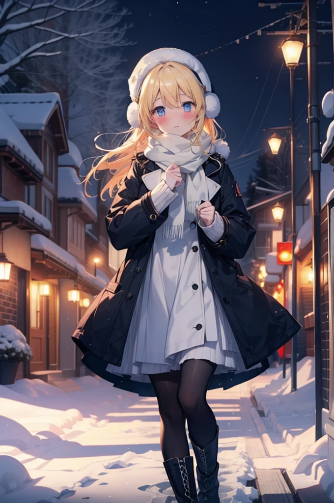 Eliase, catalyst, Yellow Hair, blue eyes, Long Hair,Knitted hat,Earmuffs,blush,Open your mouth,White Breath,White scarf,Light blue long coat,White long skirt,Black pantyhose,short boots,Walking,snowが降っている,snowが積もっている,snow,snow,snow,night,whole bodyがイラストに入るように,
break looking at viewer,whole body,
break outdoors,Residential Street,
break (masterpiece:1.2), Highest quality, High resolution, unity 8k wallpaper, (figure:0.8), (Beautiful attention to detail:1.6), Highly detailed face, Perfect lighting, Highly detailed CG, (Perfect hands, Perfect Anatomy),