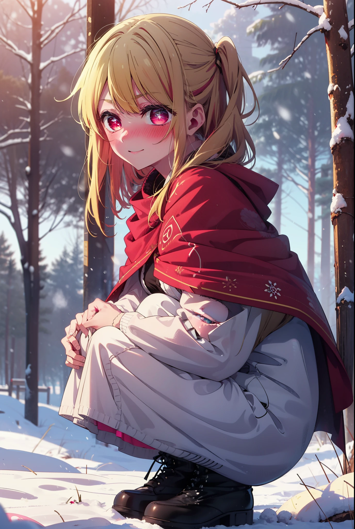 rubyhoshino, Hoshino Ruby, Long Hair, bangs, blonde, (Pink Eyes:1.3), Side Lock, (Symbol-shaped pupil:1.5), Multicolored Hair, Two-tone hair, smile,,smile,blush,white breath,
Open your mouth,snow,Ground bonfire, Outdoor, boots, snowing, From the side, wood, suitcase, Cape, Blurred, , forest, White handbag, nature, Squat, Mouth closed, Cape, winter, Written boundary depth, Black shoes, red Cape break looking at viewer, Upper Body, whole body, break Outdoor, forest, nature, break (masterpiece:1.2), Highest quality, High resolution, unity 8k wallpaper, (shape:0.8), (Beautiful and beautiful eyes:1.6), Highly detailed face, Perfect lighting, Highly detailed CG, (Perfect hands, Perfect Anatomy),