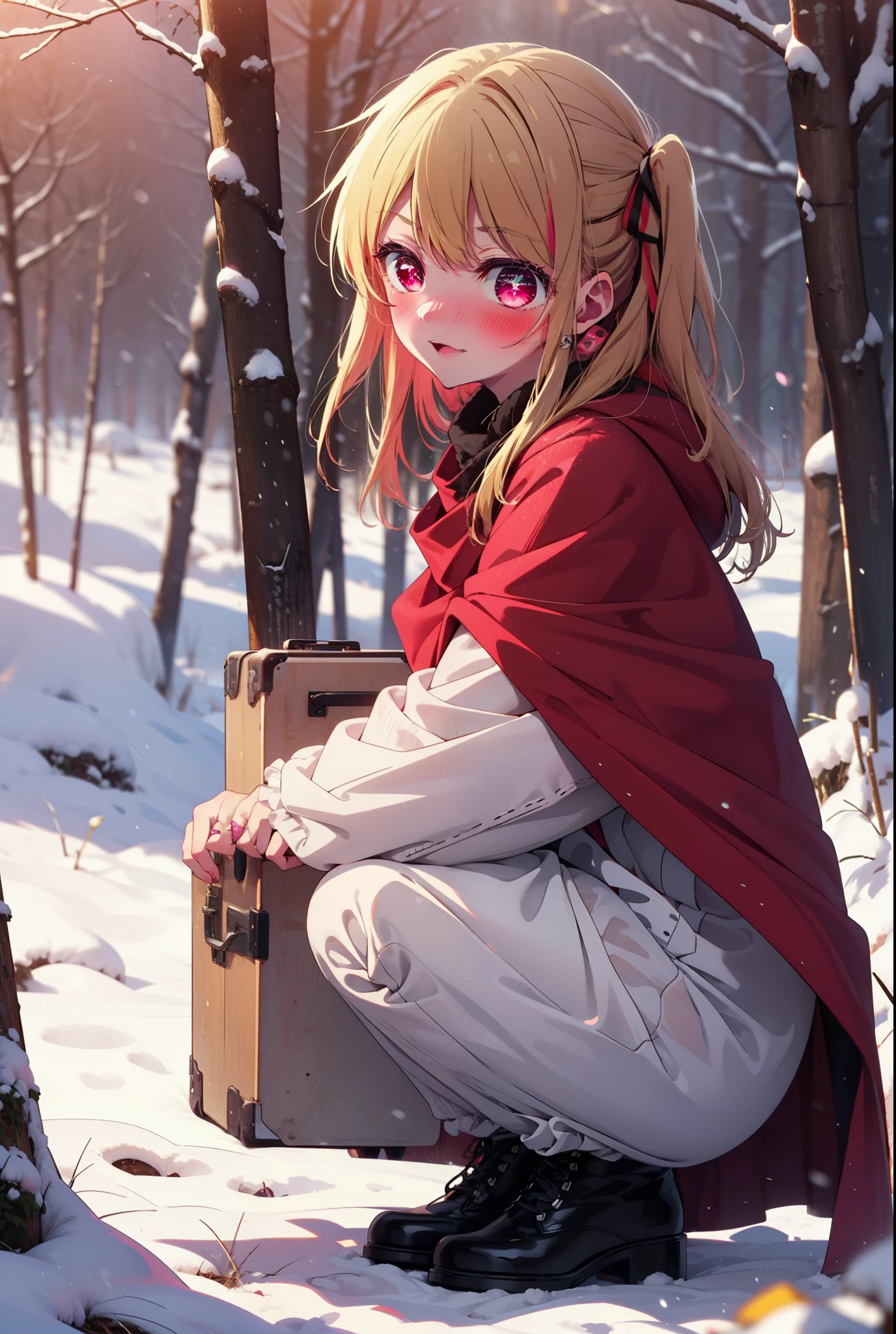 rubyhoshino, Hoshino Ruby, Long Hair, bangs, blonde, (Pink Eyes:1.3), Side Lock, (Symbol-shaped pupil:1.5), Multicolored Hair, Two-tone hair, smile,,smile,blush,white breath,
Open your mouth,snow,Ground bonfire, Outdoor, boots, snowing, From the side, wood, suitcase, Cape, Blurred, , forest, White handbag, nature, Squat, Mouth closed, Cape, winter, Written boundary depth, Black shoes, red Cape break looking at viewer, Upper Body, whole body, break Outdoor, forest, nature, break (masterpiece:1.2), Highest quality, High resolution, unity 8k wallpaper, (shape:0.8), (Beautiful and beautiful eyes:1.6), Highly detailed face, Perfect lighting, Highly detailed CG, (Perfect hands, Perfect ???????),