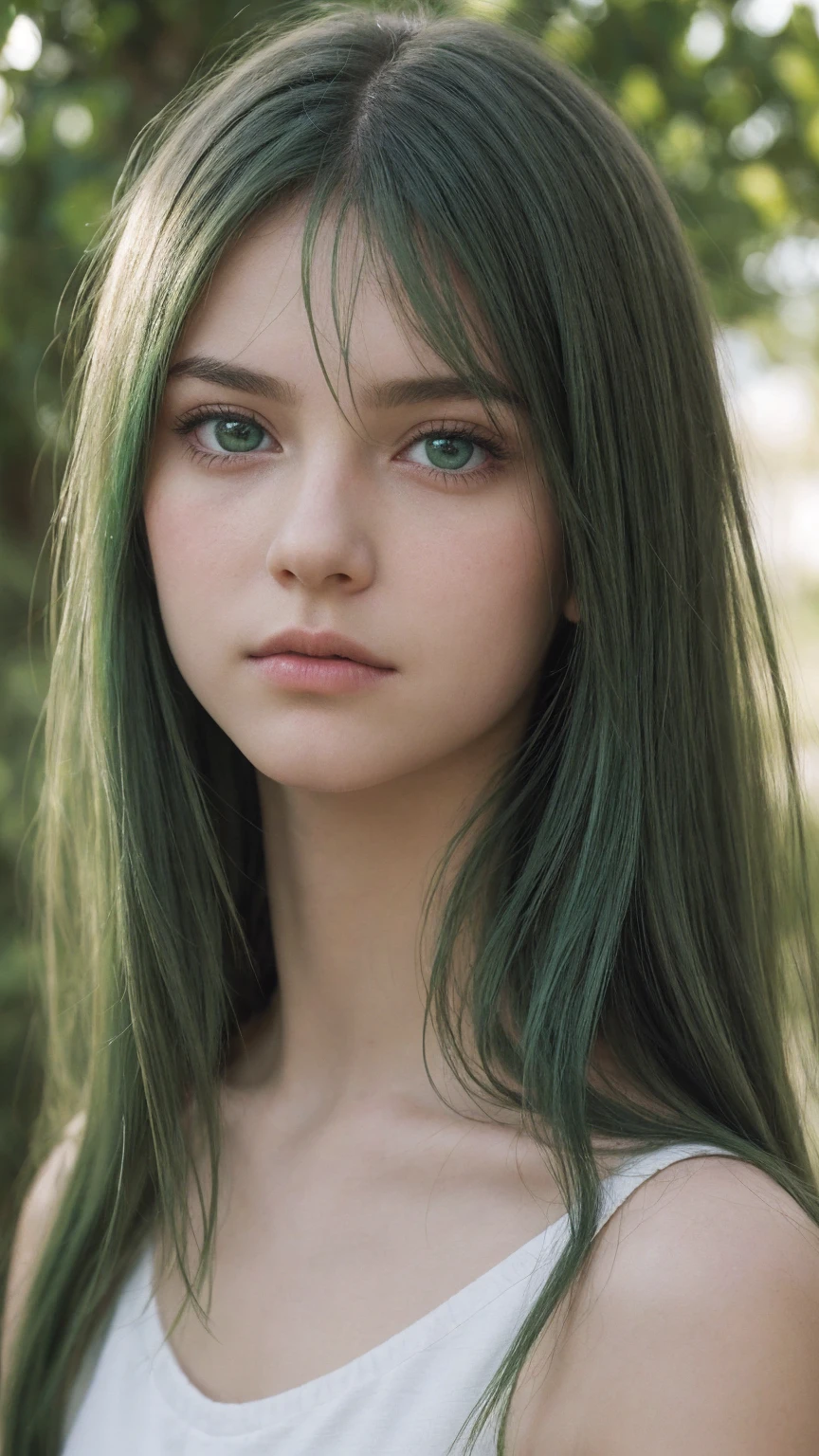 a girl. Europe. detailed face. delicate facial features. pointed chin. Oval face. innocent look. feeling sad. green hair. green eyes. long straight hairstyle. messy hair. thin lips. outdoor