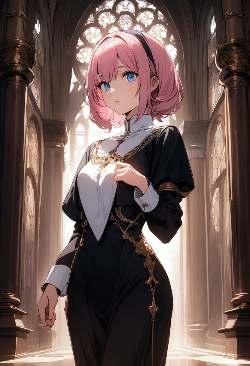 Nuns、Girl with pink hair、blue eyes