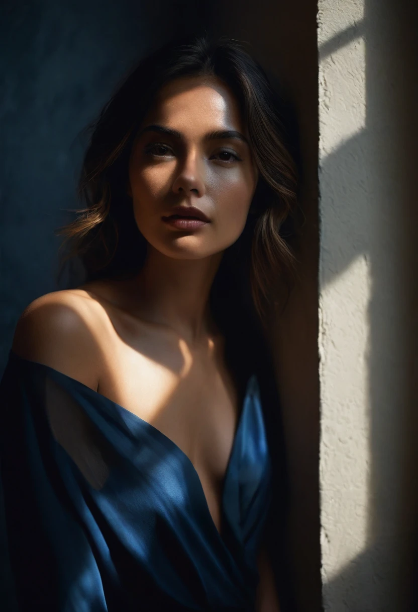 woman bathed in soft light, leaning against a wall, looking into the camera in a moment of raw emotion. Her attire is minimal, accentuating her beauty with the dramatic shadows cast by the lighting. The background is stark, with sharp contrasts highlighting the contours of her form. The blue and black palette intensifies the mood, evoking a sense of mystery and allure. Subtle film grain and meticulous shading add depth and texture, emphasizing the emotional gravity of the scene. The lighting creates a chiaroscuro effect, accentuating her expressive pose and the intense atmosphere.