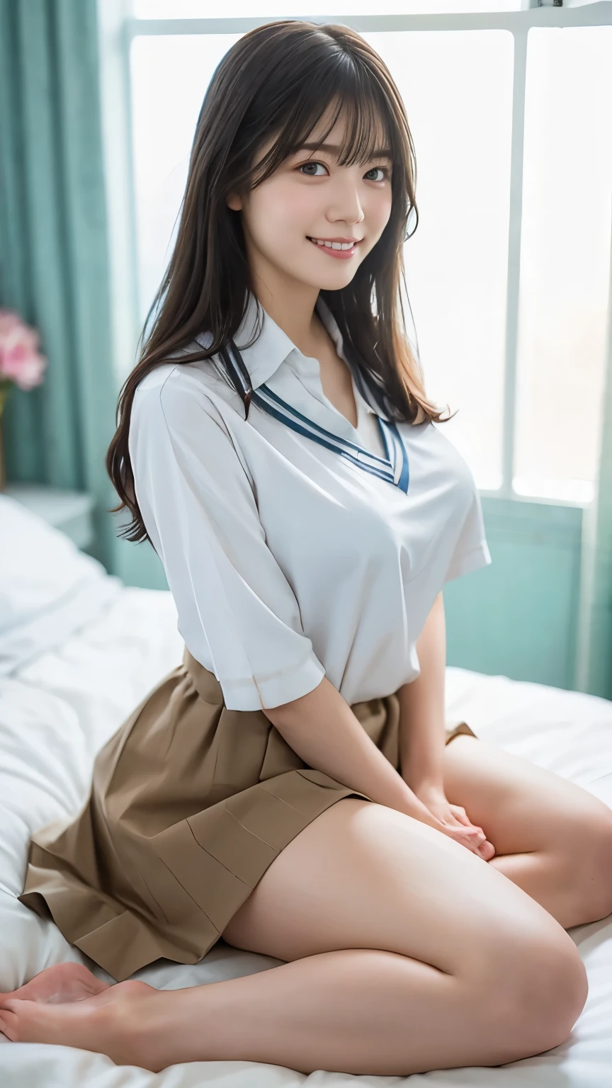 masterpiece, Highest quality, 8k,Ultra-high resolution、(((Head to knee photo)))、 22 years old, Large Breasts, cute, alone, smile、 cute, Girlish, cute、Delicate girl, Pure beauty,  RAW Photos, Professional photography, Soft Light, Professional Lighting, Backlight, Looking into the camera, Sophisticated, Film Grain, (Eye and facial details:1.0), Floating Hair、Messy Hair、Wavy long hair、,Asymmetrical bangs, Round face、Young Face、(Large Breasts:1.4)、Her cleavage is visible、Nipple protrusions are clearly visible:1.6、(((High School Uniform)))、Voluptuous thighs、Translucent white skin、dolly make、(Heterochromia iridis、The left and right eyes are different colors)