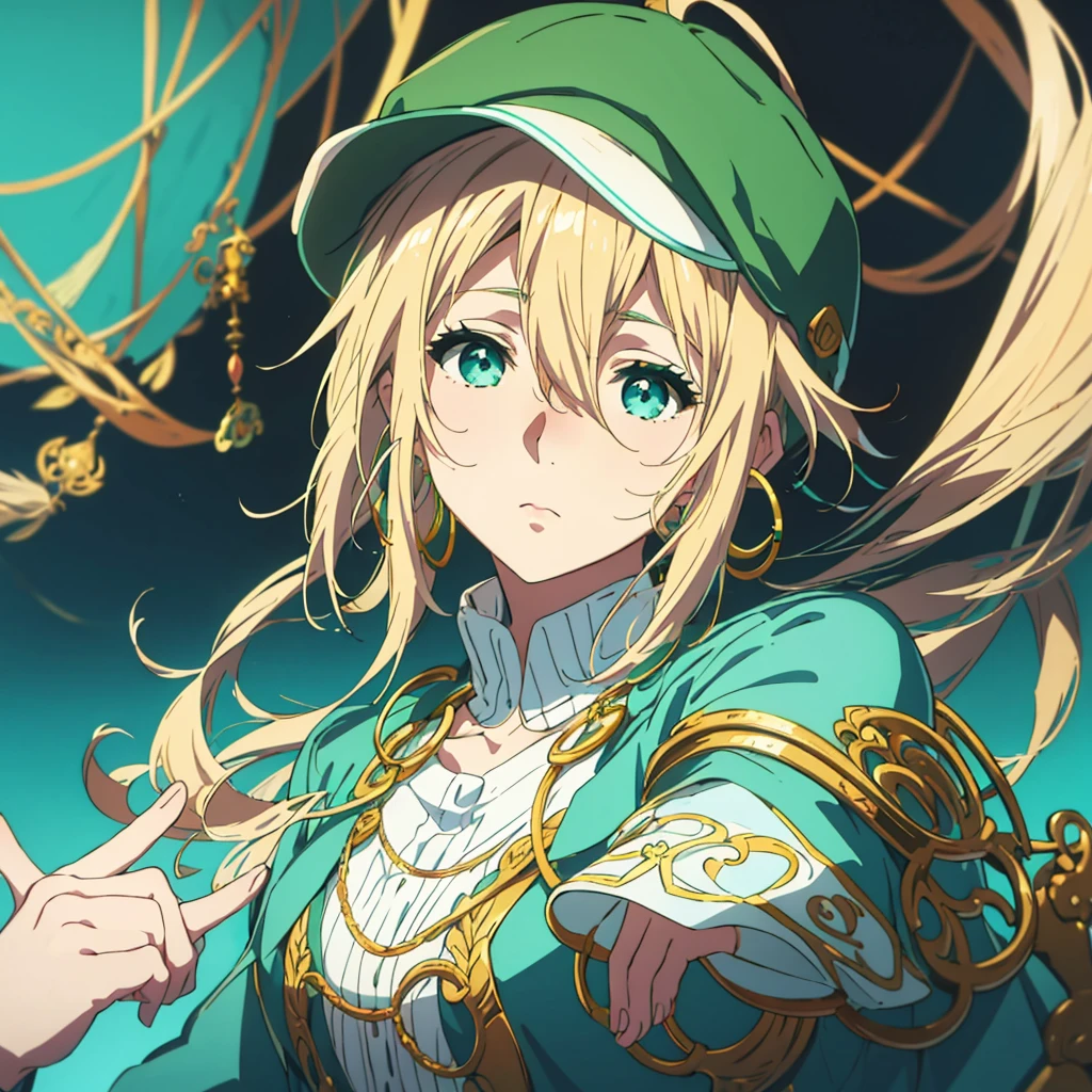 violet evergarden masterpiece, best quality, 1girl, aqua eyes, baseball cap, blonde hair, closed mouth, earrings, green background, hat, hoop earrings, jewelry, looking at viewer, shirt, short hair, simple background, solo, upper body, yellow shirt