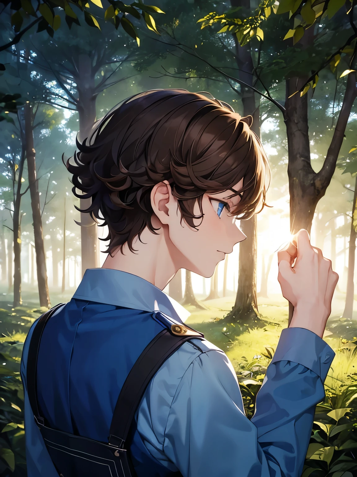 1boy,guy,Walking in the forest,Facing backwards, camera angle from behind, photo from behind, looking away, looking away,wearing blue army uniform,,blue eyes,half body photo,Hand on chin,18 years old,Curly hair,medium hair,undercut hairstyle,light brown hair, ultra detail,masterpiece