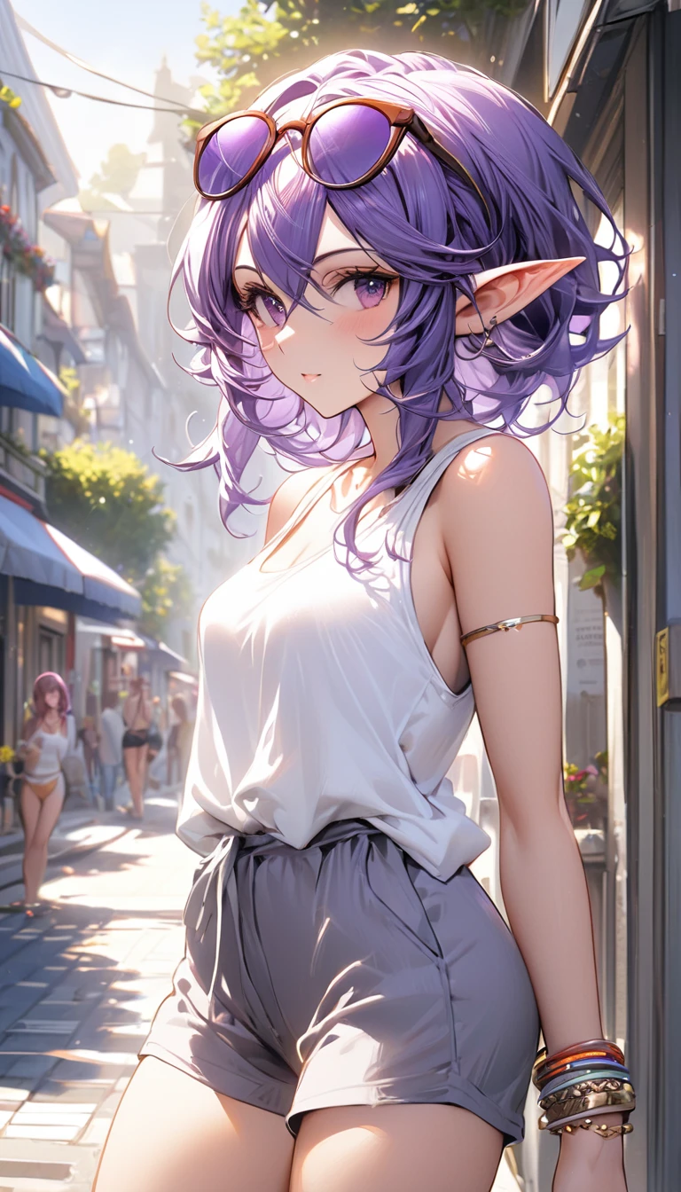 ((best quality)), ((masterpiece)), (detailed), 1girl, sexy, elf, purple hair, medium hair, pointy ears, eyewear on head, wearing white tank top, short pants, on street, Midsummer, strong sunlight, bracelet on left arm