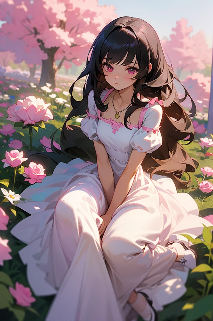 ((best quality)), ((masterpiece)), (detailed), perfect face, anime girl with big powder pink dress sitting properly on the grass in the garden, the weather is sunny and shining, there's flowers in the garden, not big , powder pink dress with little white roses on top of it, long and straight black hair with bangs, the girl has powder pink eyes, dress with the necklace, shoulders, arms and knees are exposed, wearing a collar the accessory, dress has little flowers on the top of fabric, dress with flowers on it, dress has ribbons and tulle, i suppose to see the whole body in the picture, dress in layers, the shoes are exposed