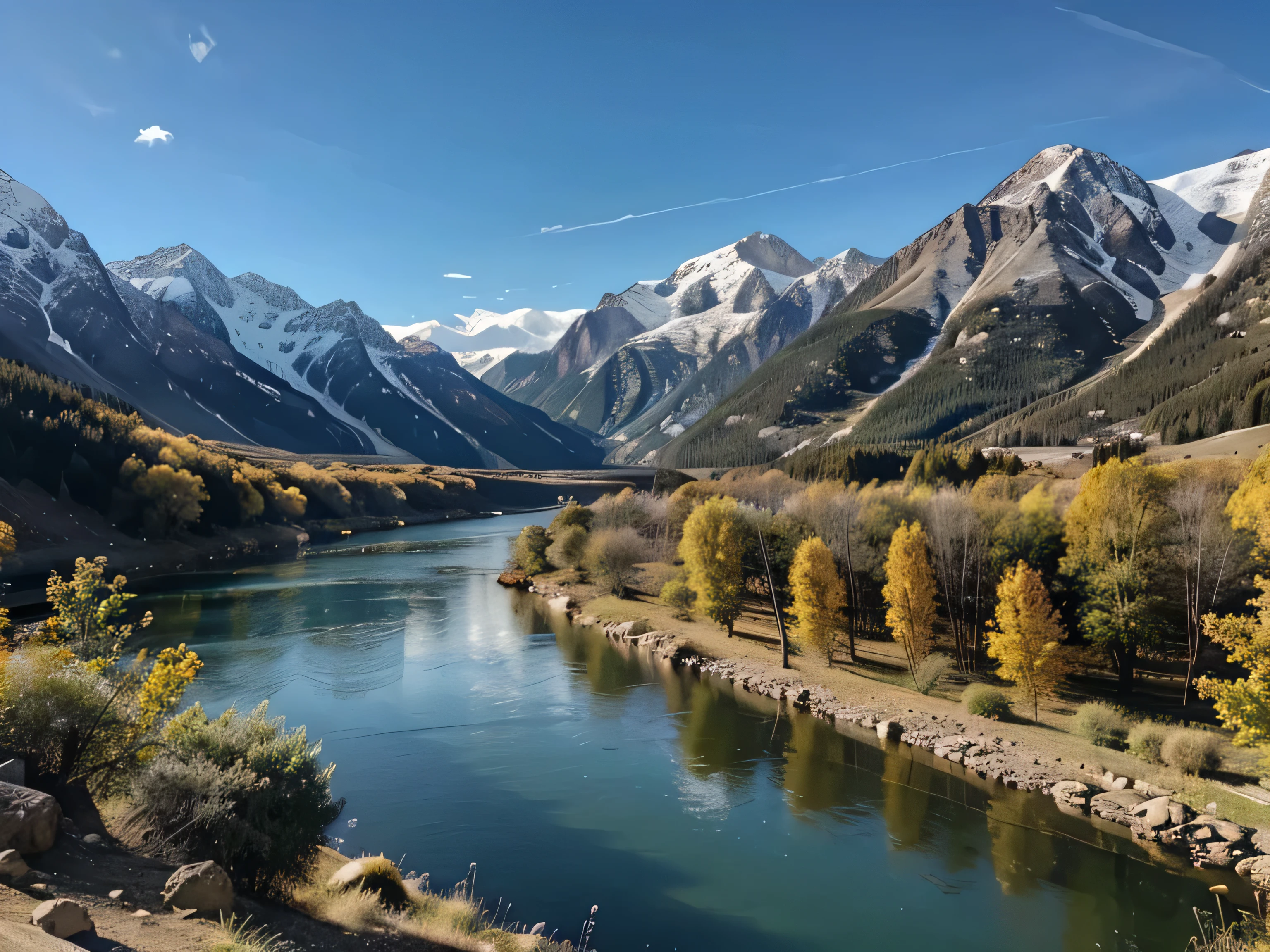 a view of mountains with beautiful sky and river going down to the lake.