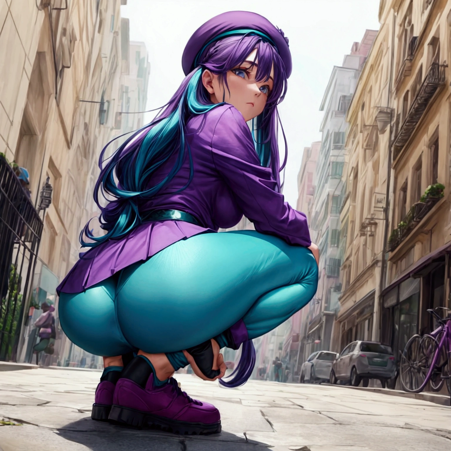 Woman squatting full body from behind wearing teal leggings purple shirt and beret, Looking at viewer, Long Hair, From Below,