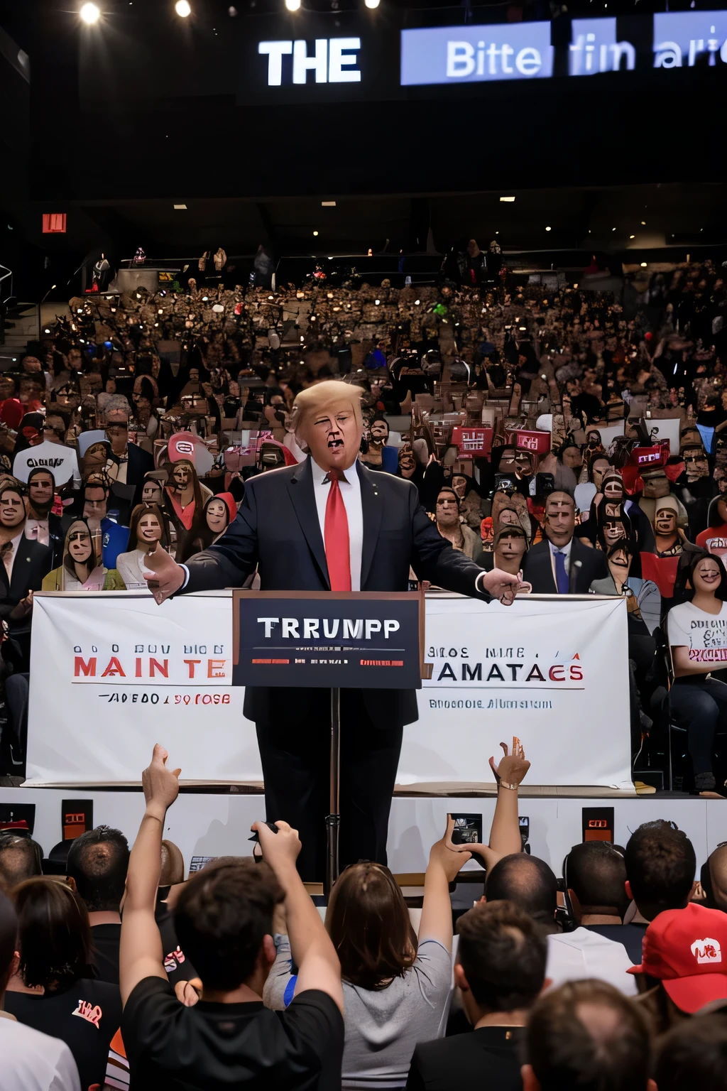 Trump giving a speech at a rally, with the audience holding up signs with Bitcoin and Ethereum logos.