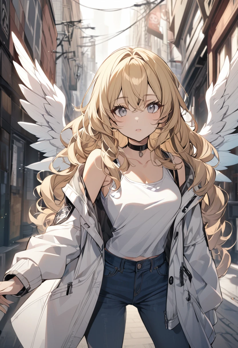 1girl, medium breasts, blonde hair, long hair, wavy hair, grey eyes, white feathered wings, angel, outdoors, white jacket, choker, tank top, jeans