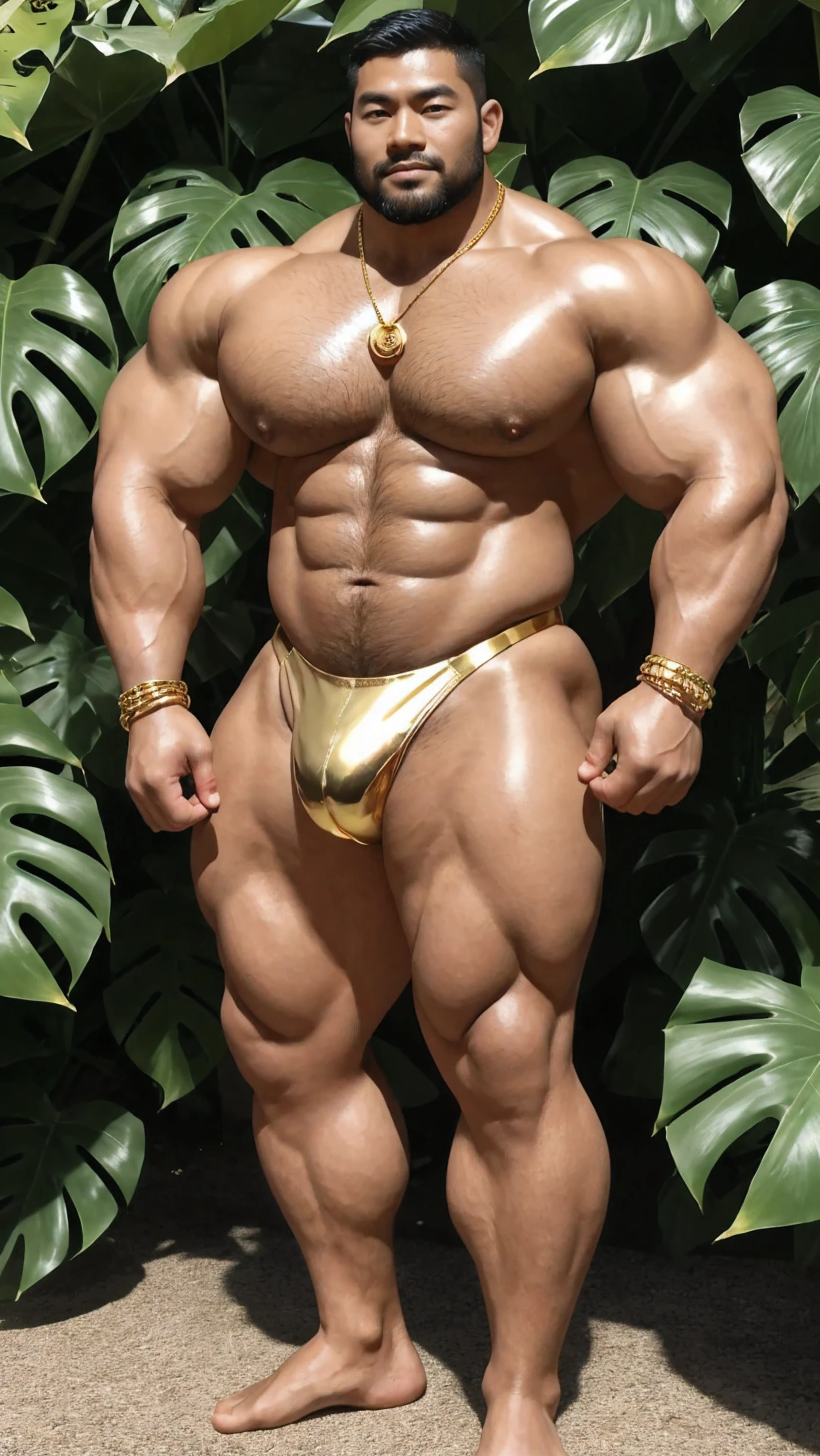 There is only one handsome Chinese man in the photo,35 years old,tall, Fitness,Smooth body,Smooth skin,No chest hair,short hair, O-Shaped Beard,Perfect body, Dark skin color,Radiant Skin,Smooth skin,Shiny, shiny skin,Smooth pectoral muscles,Muscle bulge, muscular, Very large pectoral muscles,Very sexy abdominal muscles,Very well-developed leg muscles,Huge concave and convex area,Brightens oily skin,Wearing a shiny gold leather thong,Handsome face,Normal human toes,Correct and accurate male body proportions,Gold necklace,Gold bracelet,Gold anklets,Standing in front of Monstera leaves。