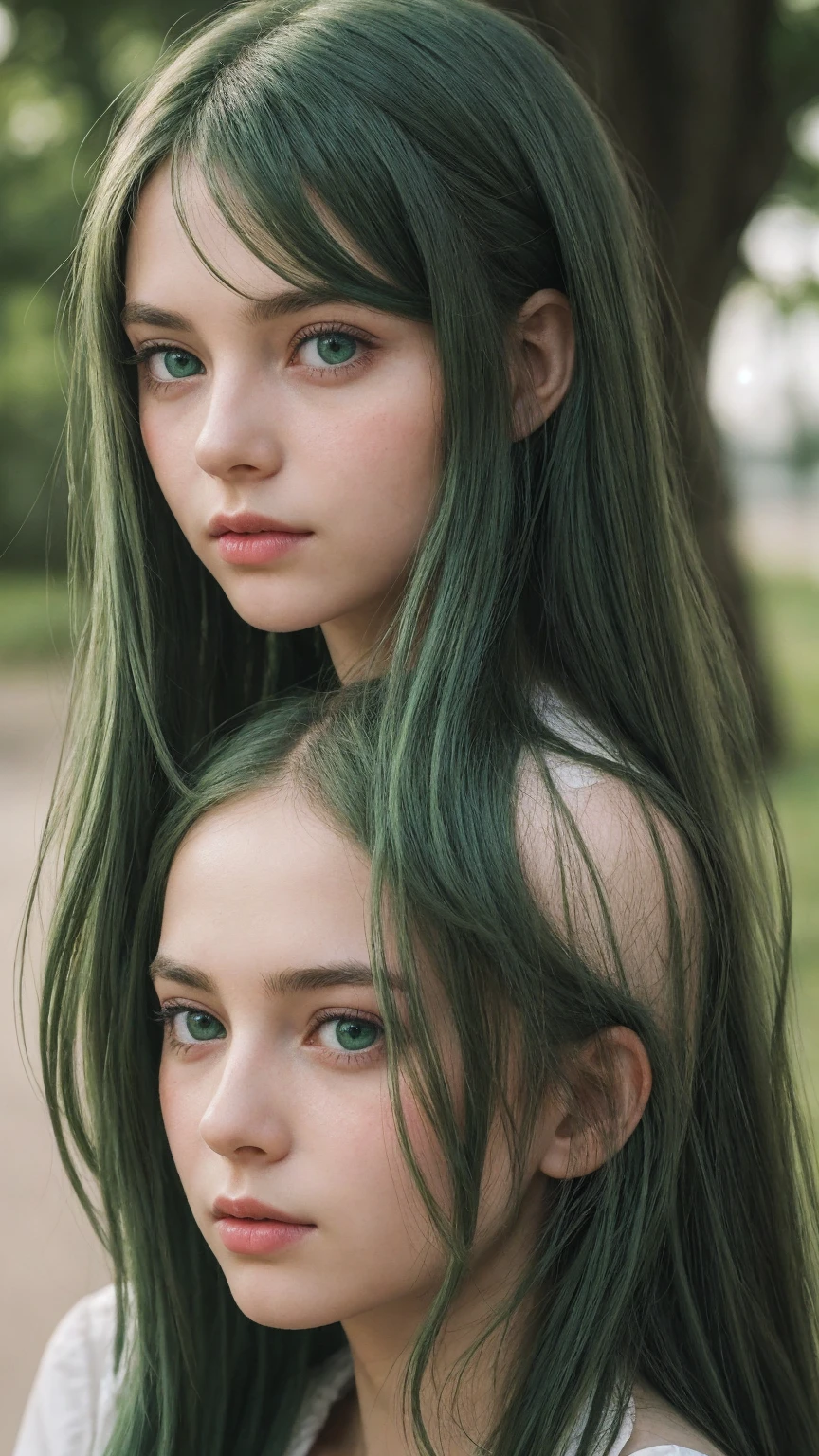 a girl. Europe. detailed face. delicate facial features. pointed chin. Oval face. innocent look. feeling sad. green hair. green eyes. long straight hairstyle. messy hair. thin lips. outdoor