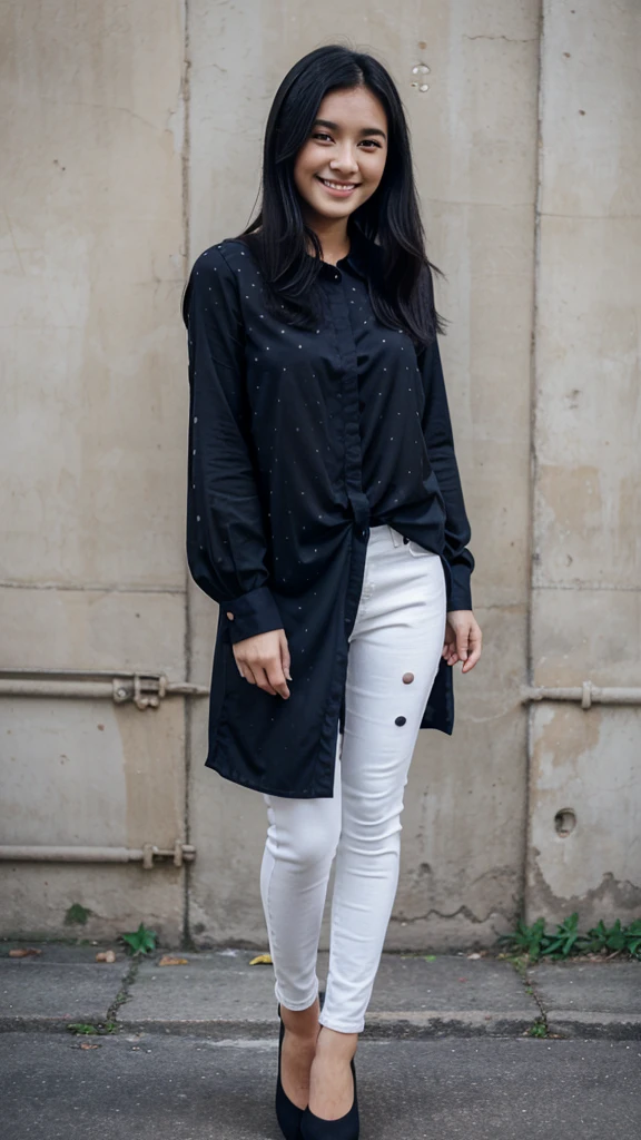 25 years old, girl, black blouse with white dots, navy blue skinny jeans, black hair, indonesian girl, smile, with heel
