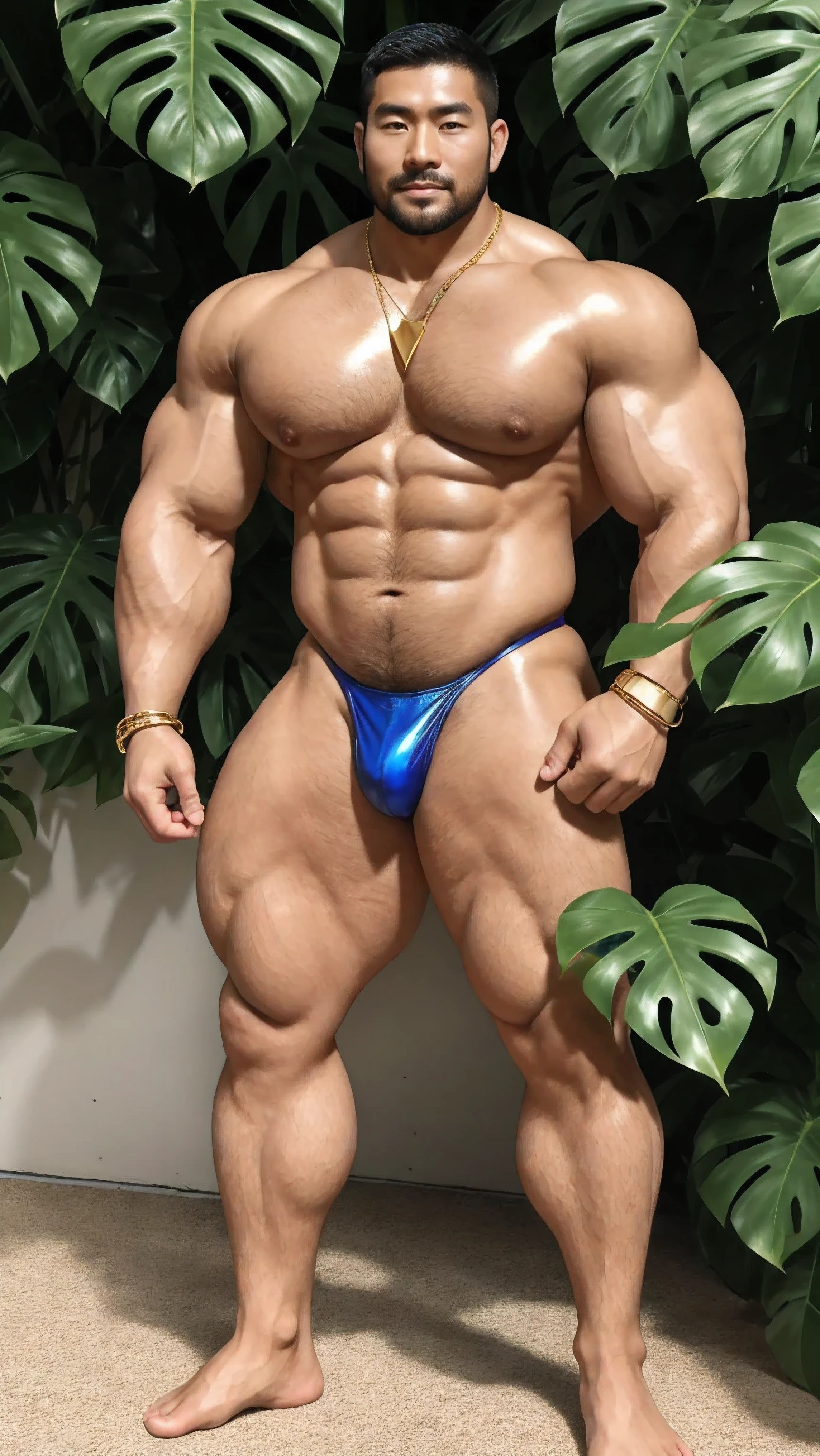 There is only one handsome Chinese man in the photo，35 years old，tall, Fitness，Smooth body，Smooth skin，No ????? hair，short hair, O-Shaped Beard，Perfect body, Dark skin color，Radiant Skin，Smooth skin，Shiny, shiny skin，Smooth pectoral muscles，Muscle bulge, muscular, Very large pectoral muscles，Very ???? abdominal muscles，Very well-developed leg muscles，Huge concave and convex area，Brightens oily skin，Wearing a shiny gold leather ?????，Handsome face，Normal human toes，Correct and accurate male body proportions，Gold necklace，Gold bracelet，Gold anklets，Standing in front of Monstera leaves。