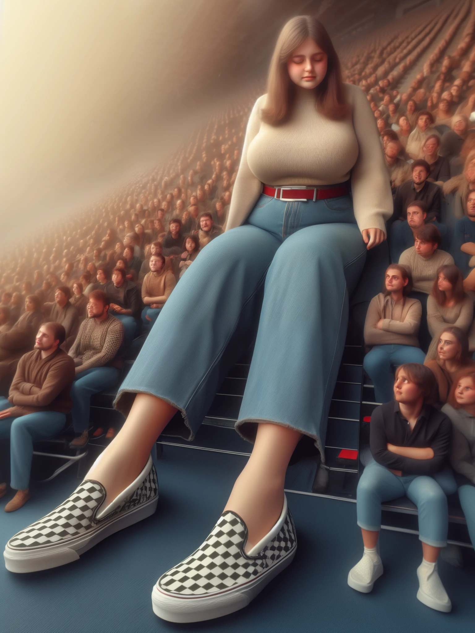 Giantess young european girl, gigantic breasts, slight chubby, very broken clothes, she is in cinema bearly sitting in background. She is not comfortable and sad.