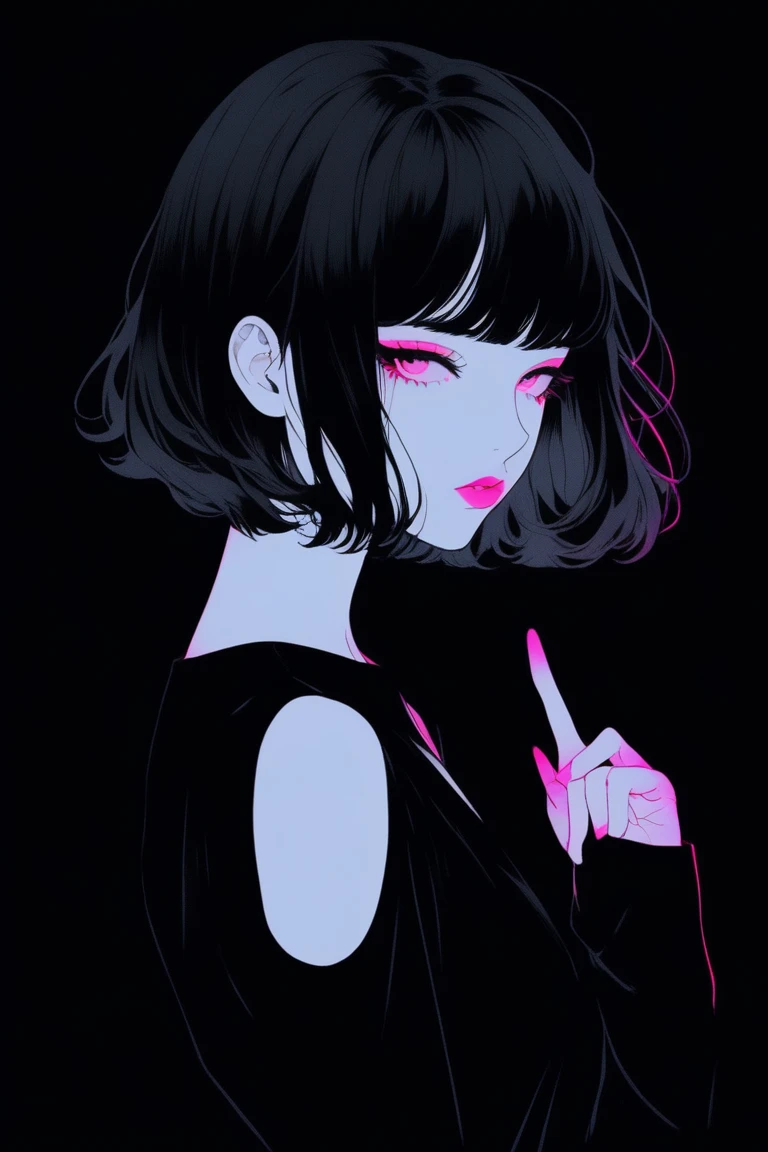 (Better Quality, overview:1.2),Realist,Illustrator,anime,1 girl, Detailed lips, Black Dress,custom, (Monochrome dark background),Neon Hair,Texture Cut, obra de Until then, Classic retro style, Black Dark, Until then, overview book, (Black bob hair:1.75 Neon:1.32), bad woman , Dark monochrome background 