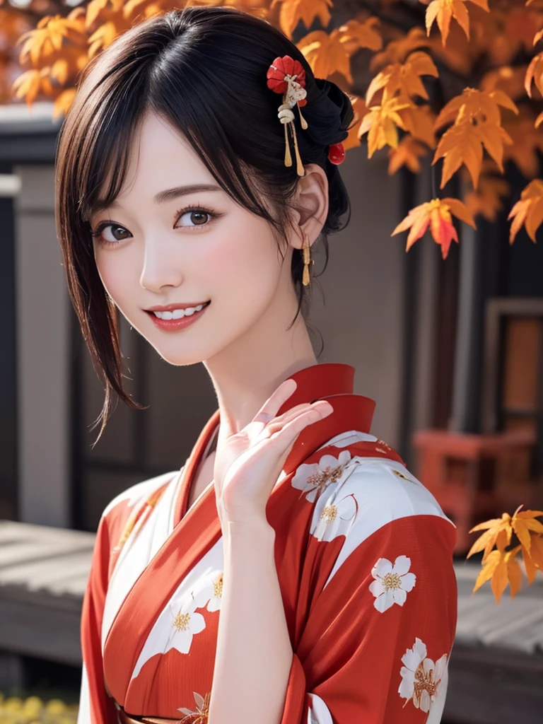 (Highest quality、8k、32K、masterpiece)、(Realistic)、(Realistic:1.2)、(High resolution)、Very detailed、Very beautiful face and eyes、(((Female solo shot)))、Frame In、Tight waist、(Highest quality、Attention to detail、Rich skin detail)、(Highest quality、8k、Oil paints:1.2)、(Realistic、Realistic:1.37)、Bright colors、(((Bust Shot)))、(((Medium Hair)))、(((smile)))、(((Black Hair)))、(((Red kimono)))、(((White and red kimono)))、(((Japanese garden)))、(((Autumn scenery)))、(((The appearance of a Japanese woman)))、((Waving))