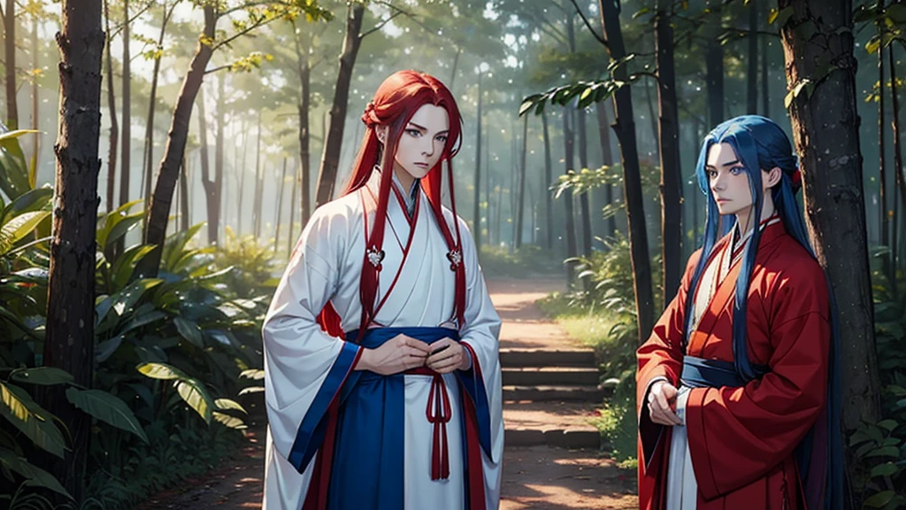 2 young men, without a beard, long blue hair, long red hair, blue eyes, Red eyes, White skin, Blue clothes, red clothes, China, Hanfu, In the woods