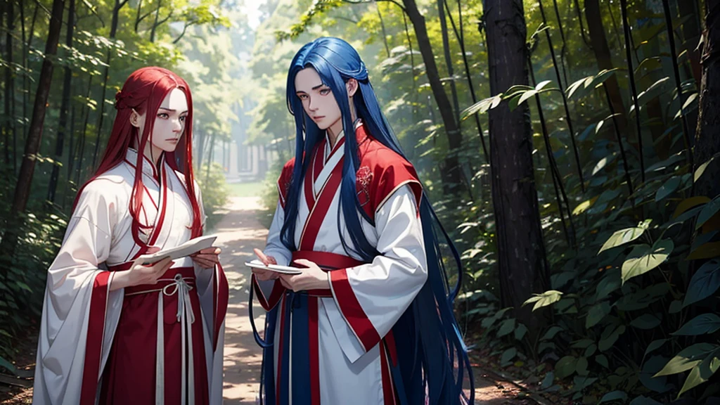 2 young men, without a beard, long blue hair, long red hair, blue eyes, Red eyes, White skin, Blue clothes, red clothes, China, Hanfu, In the woods
