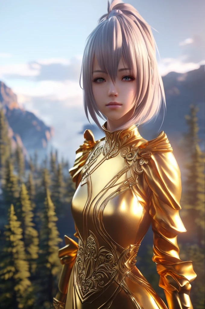 a close up of a woman in a gold dress standing in front of a mountain, unreal engine render + a goddess, ultra detailed game art, intricate ornate anime cgi style, 8k high quality detailed art, detailed digital anime art, fantasy style 8 k octane render, 2. 5 d cgi anime fantasy artwork, 3 d render character art 8 k, hyperdetailed fantasy character