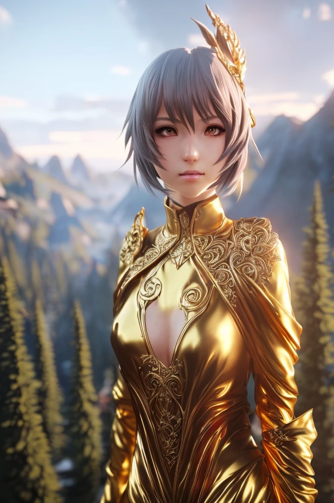 a close up of a woman in a gold dress standing in front of a mountain, unreal engine render + a goddess, ultra detailed game art, intricate ornate anime cgi style, 8k high quality detailed art, detailed digital anime art, fantasy style 8 k octane render, 2. 5 d cgi anime fantasy artwork, 3 d render character art 8 k, hyperdetailed fantasy character