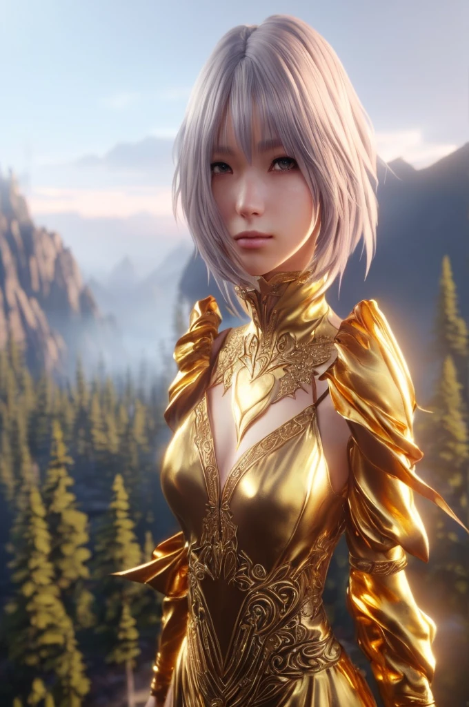 a close up of a woman in a gold dress standing in front of a mountain, unreal engine render + a goddess, ultra detailed game art, intricate ornate anime cgi style, 8k high quality detailed art, detailed digital anime art, fantasy style 8 k octane render, 2. 5 d cgi anime fantasy artwork, 3 d render character art 8 k, hyperdetailed fantasy character