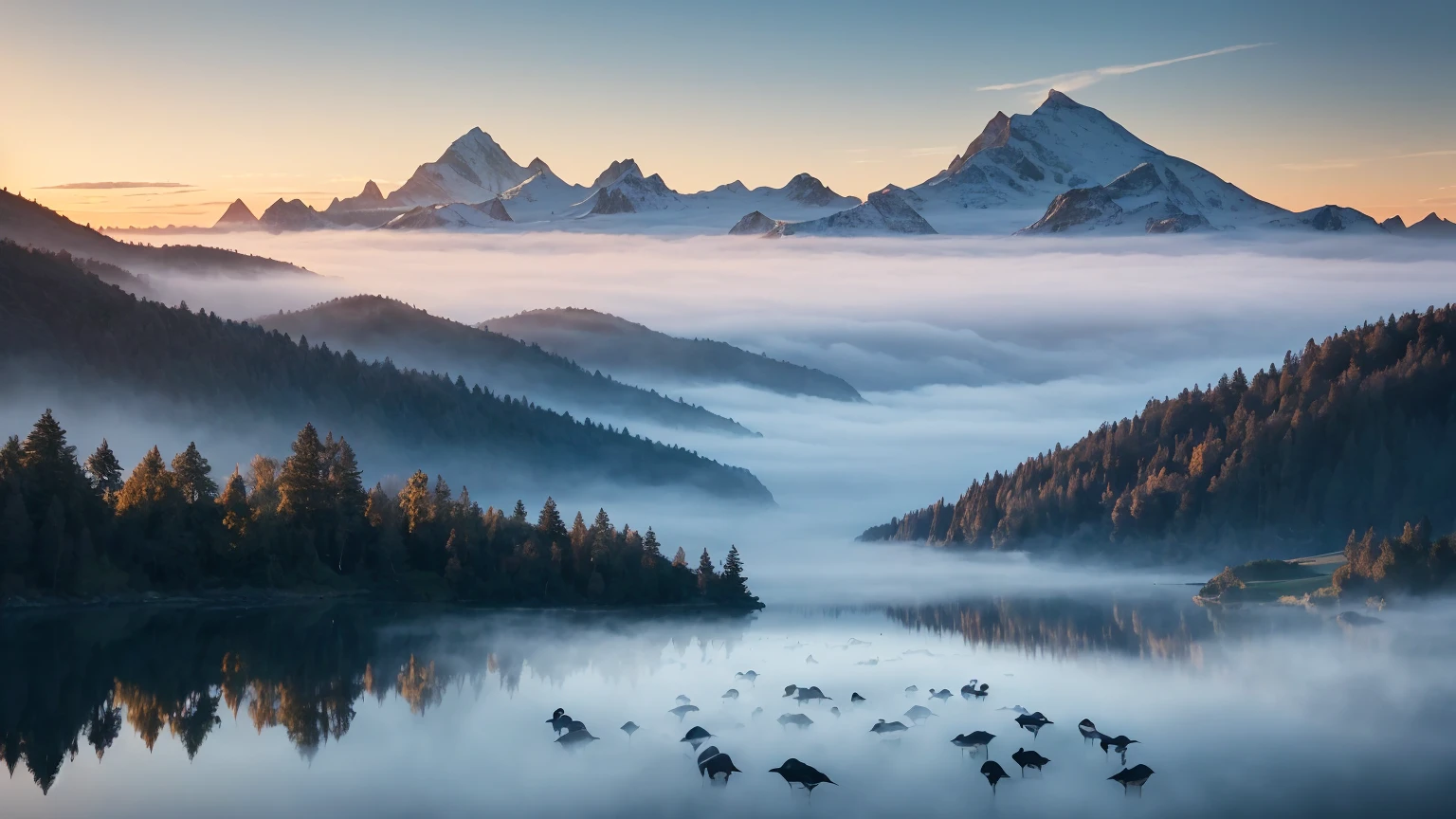 best quality, 4k, highres, masterpiece, ultra-detailed, realistic, beautiful landscape photography, mountain, lake, geese, heavy fog, morning mist, cinematic, vivid colors, serene landscape, sunrise gradient, peaceful ambiance, calm and quiet, layered peaks, blue water reflection, silhouette, ethereal atmosphere, soft lighting
