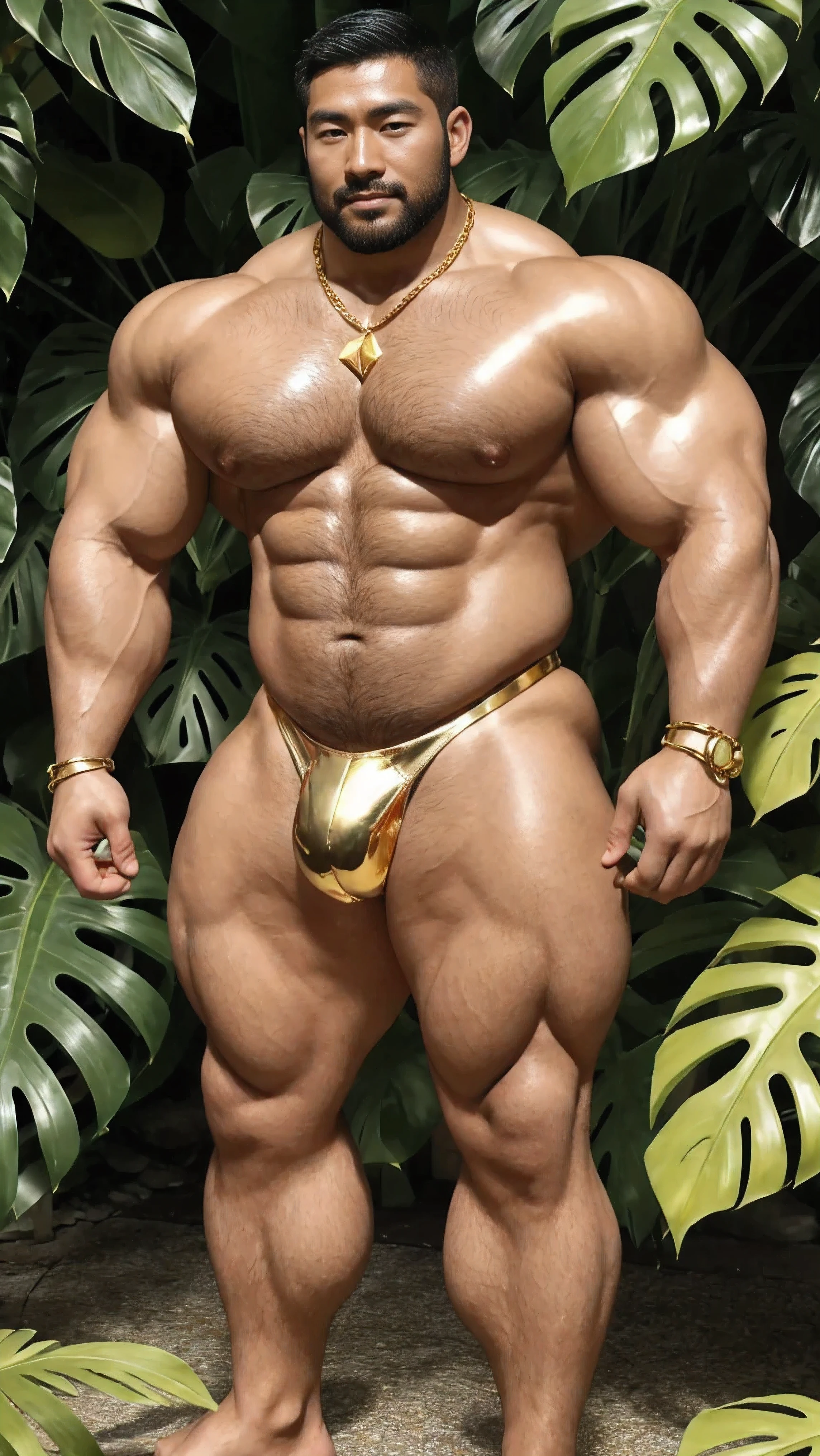 There is only one handsome Chinese man in the photo,35 years old,tall, Fitness,Smooth body,Smooth skin,No chest hair,short hair, O-Shaped Beard,Perfect body, Dark skin color,Radiant Skin,Smooth skin,Shiny, shiny skin,Smooth pectoral muscles,Muscle bulge, muscular, Very large pectoral muscles,Very sexy abdominal muscles,Very well-developed leg muscles,Huge concave and convex area,Brightens oily skin,Wearing a shiny gold leather thong,Handsome face,Normal human toes,Correct and accurate male body proportions,Gold necklace,Gold bracelet,Gold anklets,Standing in front of Monstera leaves。