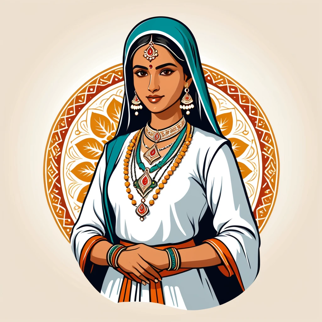 female cleric in indian folk outfit ,vector graphics, strong contours, logo design