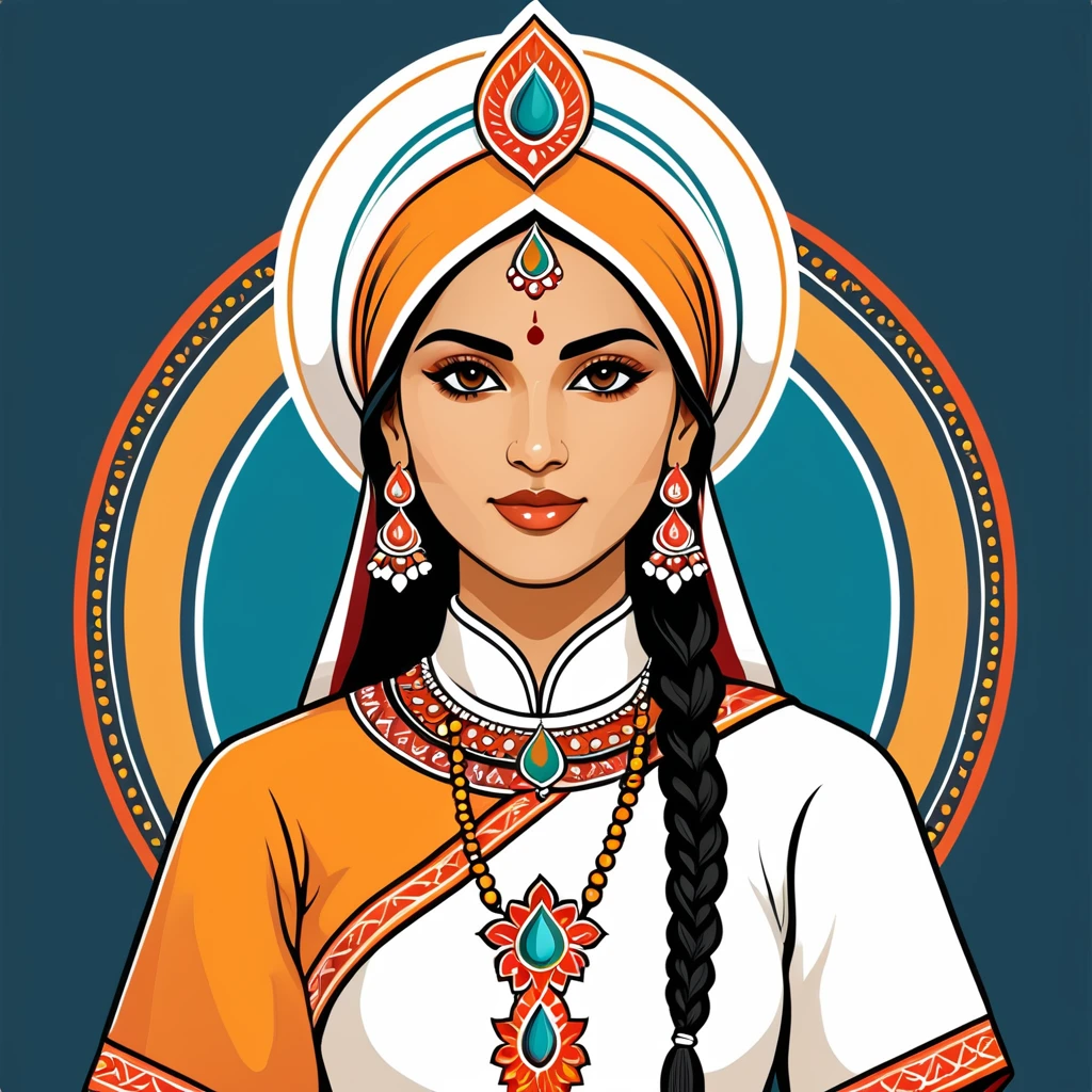 female	cleric	in indian folk outfit	,vector graphics, strong contours, logo design																						
