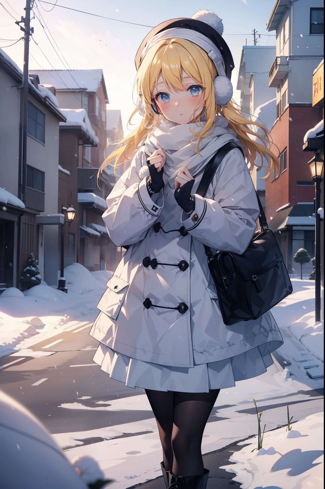 Eliase, catalyst, Yellow Hair, blue eyes, Long Hair,Knitted hat,Earmuffs,blush,Open your mouth,White Breath,White scarf,Light blue long coat,White long skirt,Black pantyhose,short boots,Walking,snowが降っている,snowが積もっている,snow,snow,snow,night,whole bodyがイラストに入るように,
break looking at viewer,whole body,
break outdoors,Residential Street,
break (masterpiece:1.2), Highest quality, High resolution, unity 8k wallpaper, (figure:0.8), (Beautiful attention to detail:1.6), Highly detailed face, Perfect lighting, Highly detailed CG, (Perfect hands, Perfect ???????),