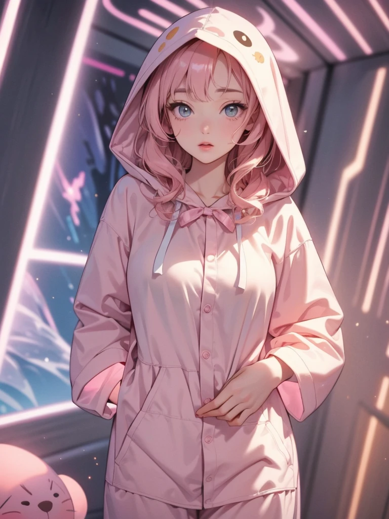 adult  woman, Age 22; long hair, pretty and pink, curly hair; light yellow eyes, angelic and beautiful face with flushed cheeks, rosto ultra detaild; (( wearing cute hooded kigurumi pajamas )); best qualityer, ultra detaild, best resolution, 4K, soft strokes, role model, work of art, closes; dimly lit room in the background, focus on the character, blurry background 