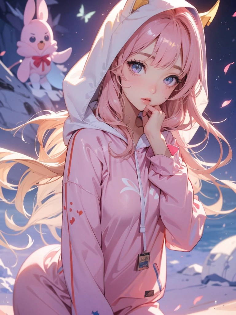 adult woman, Age 22; long hair, pretty and pink, curly hair; light yellow eyes, angelic and beautiful face with flushed cheeks, rosto ultra detaild; (( wearing cute hooded kigurumi pajamas )); best qualityer, ultra detaild, best resolution, 4K, soft strokes, role model, work of art, closes; dimly lit room in the background, focus on the character, blurry background