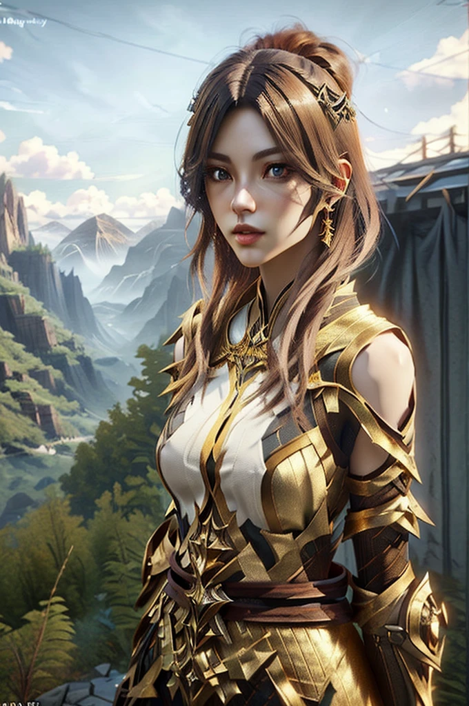 a close up of a woman in a gold dress standing in front of a mountain, unreal engine render + a goddess, ultra detailed game art, intricate ornate anime cgi style, 8k high quality detailed art, detailed digital anime art, fantasy style 8 k octane render, 2. 5 d cgi anime fantasy artwork, 3 d render character art 8 k, hyperdetailed fantasy character