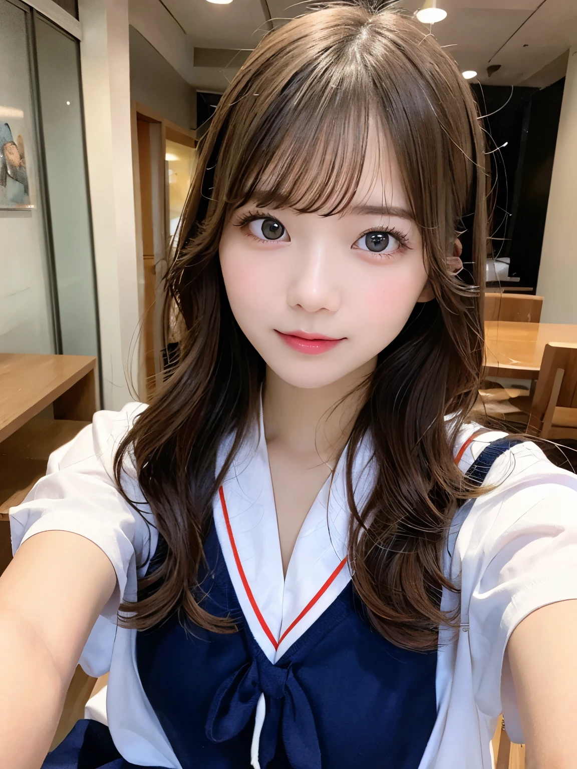 masutepiece, best quality, illustration, super detailed, great attention to detail, high resolution, 8K wallpaper, perfect dynamic composition, beautiful detailed eyes, natural color lips, random sexy poses, 20 year old girl, cute, looking at camera, sexy face, face feeling ???????, face at peak of sexual excitement, wearing sailor uniform, taking selfie