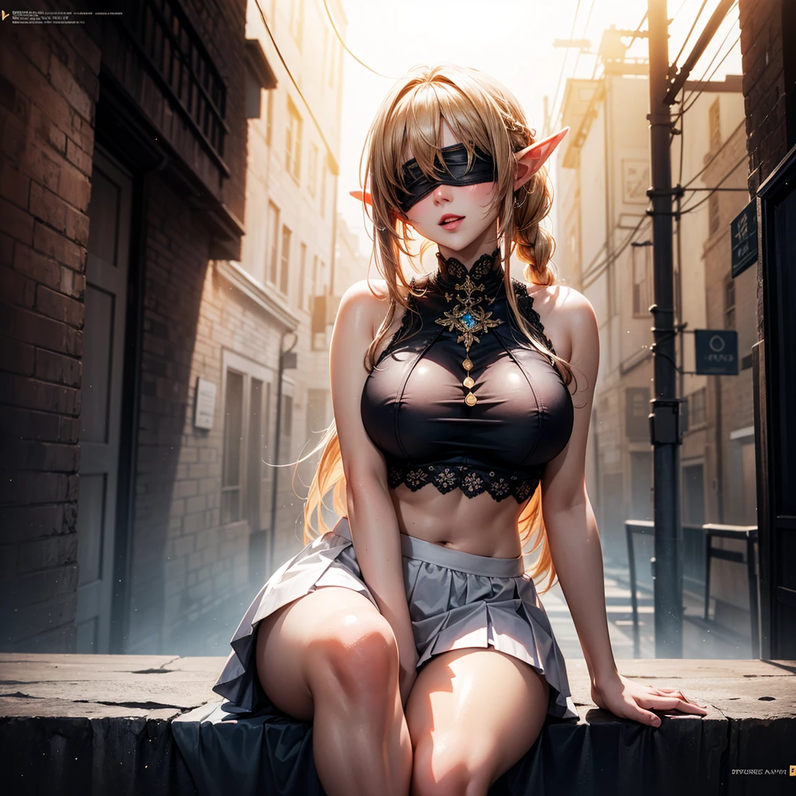 (High Detail:1.2) Anime Girl, (Best quality, Detailed), (dark and happy, gravelly:1.3, dark:1.2), 1girl, (solo), elf, long braids hair, light gold hair, ((blindfold)), long pointed ears, fair skin, big breasts, white crop top, deep neckline, white skirt, sinister, intense look, japanese town, background dark, Volumetric light, hyper realistic, super detailed, Dynamic pose, sitting, (very sexy body, detailed face, detailed eyes, masterpiece, highly detailed, 8k, best quality, vibrant colors, digital art, concept art)