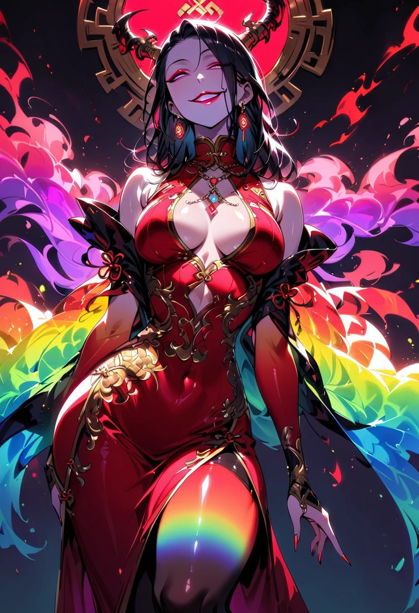 1 mature beautiful woman,(Highest quality,Extremely detailed depiction,Incredibly absurd high resolution,Anatomically accurate depiction,Curvy Legs,Detailed pupil),(Glowing Skin,Shiny skin),(A charming Chinese noble lady),(The intricately constructed costume of a Chinese goddess,See-through,Intricate embroidery,Shiny fabric,Rainbow gradient sleeves,black tights),eyelash,(Pink Eyes,Crazy Eyes,There is cleavage in the chest,Wicked Smile,Glossy Red Lips,Flashy makeup,Seductive gestures,Half-closed eyes:1.3),Luxury accessories,earrings,necklace,whole body,background:Chinese-style mansion,From below:1.3