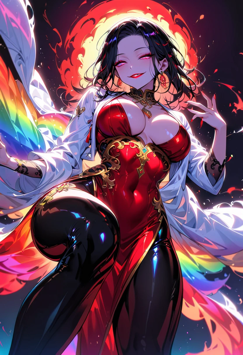 1 mature beautiful woman,(Highest quality,Extremely detailed depiction,Incredibly absurd high resolution,Anatomically accurate depiction,Curvy Legs,Detailed pupil),(Glowing Skin,Shiny skin),(A charming Chinese noble lady),(The intricately constructed costume of a Chinese goddess,See-through,Intricate embroidery,Shiny fabric,Rainbow gradient sleeves,black tights),eyelash,(Pink Eyes,Crazy Eyes,There is cleavage in the chest,Wicked Smile,Glossy Red Lips,Flashy makeup,Seductive gestures,Half-closed eyes:1.3),Luxury accessories,earrings,necklace,whole body,background:Chinese-style mansion,From below:1.3