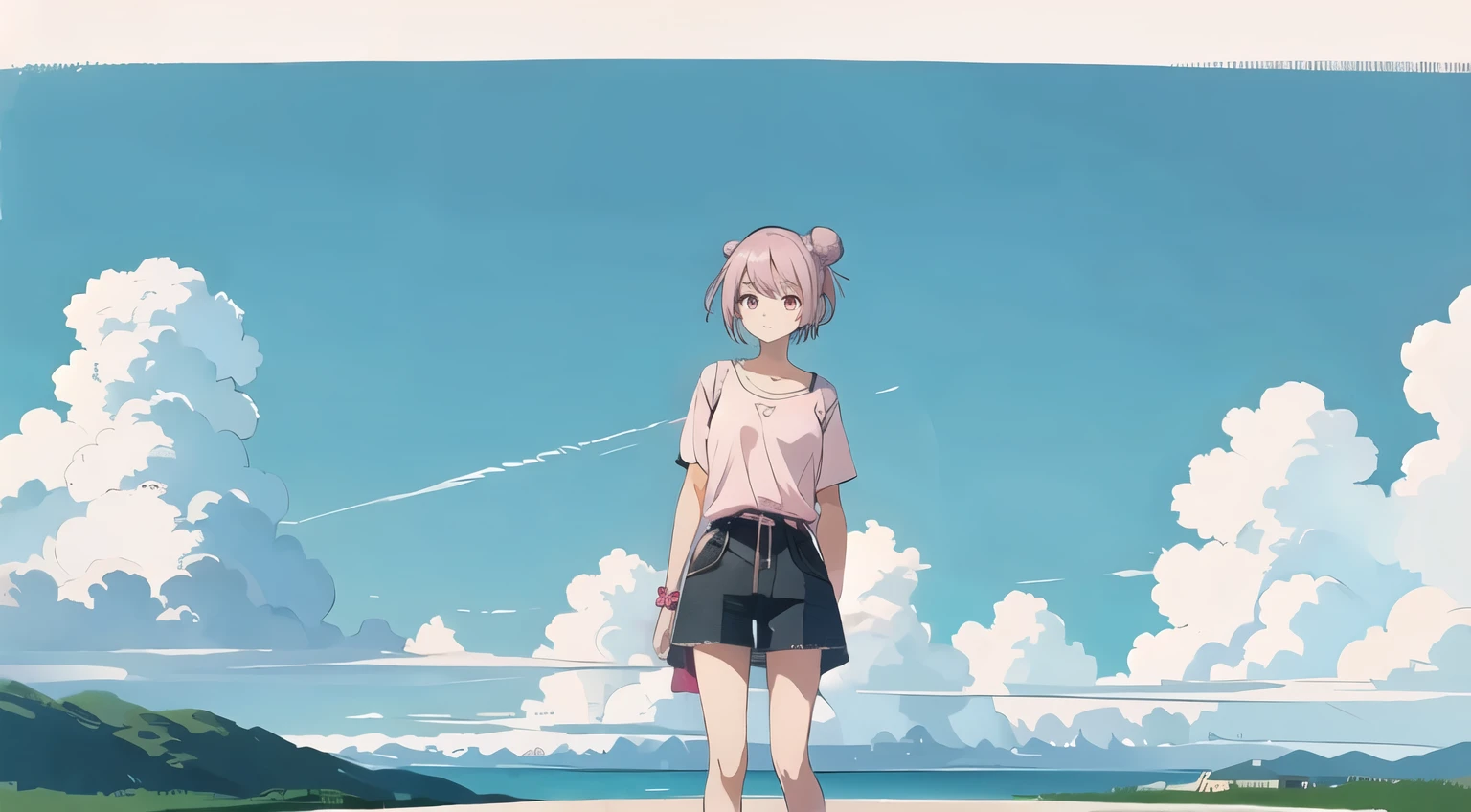Pink silver hair, Very short hairstyle, Bun Head, Pink Eyes,