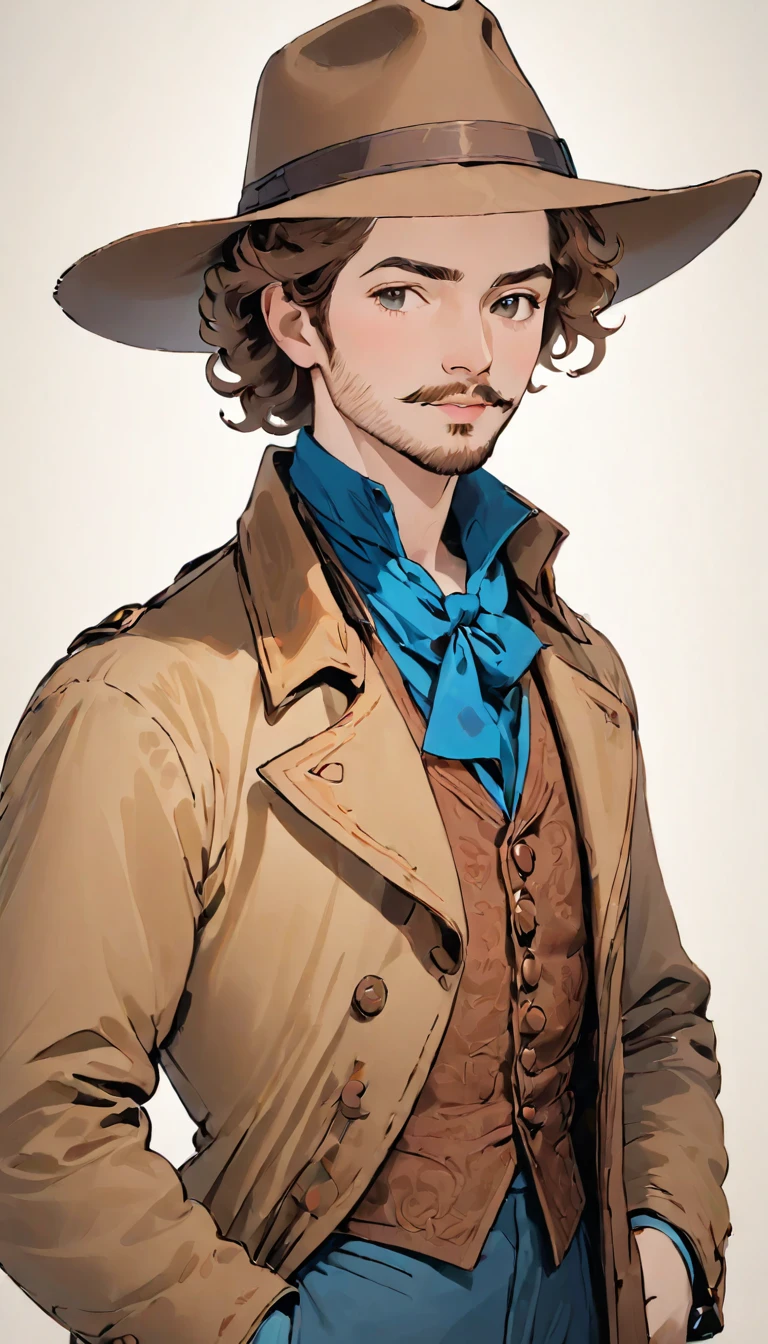 faded photo、１８Century old photo、Portrait、A 35-year-old man dressed like a cowboy. He is light brown, Curly Hair., He has a little beard