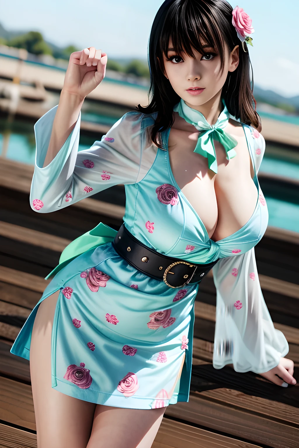 1girl, wearing a light blue floral print dress. The emphasis is on the design of the dress. The top section of the dress is in a wraparound style with a V-neckline and has long, sheer sleeves. There is a fabric belt or sash that is tied into a bow on the left side of the dress, accentuating the waistline. The bottom of the dress has a slight flare, creating a loose and flowing fit. The floral print consists of various flowers and leaves in shades of pink, white, and green, giving the garment a soft and feminine look. The background of the image is pure white, drawing attention to the details of the blouse,huge breasts,Nanami