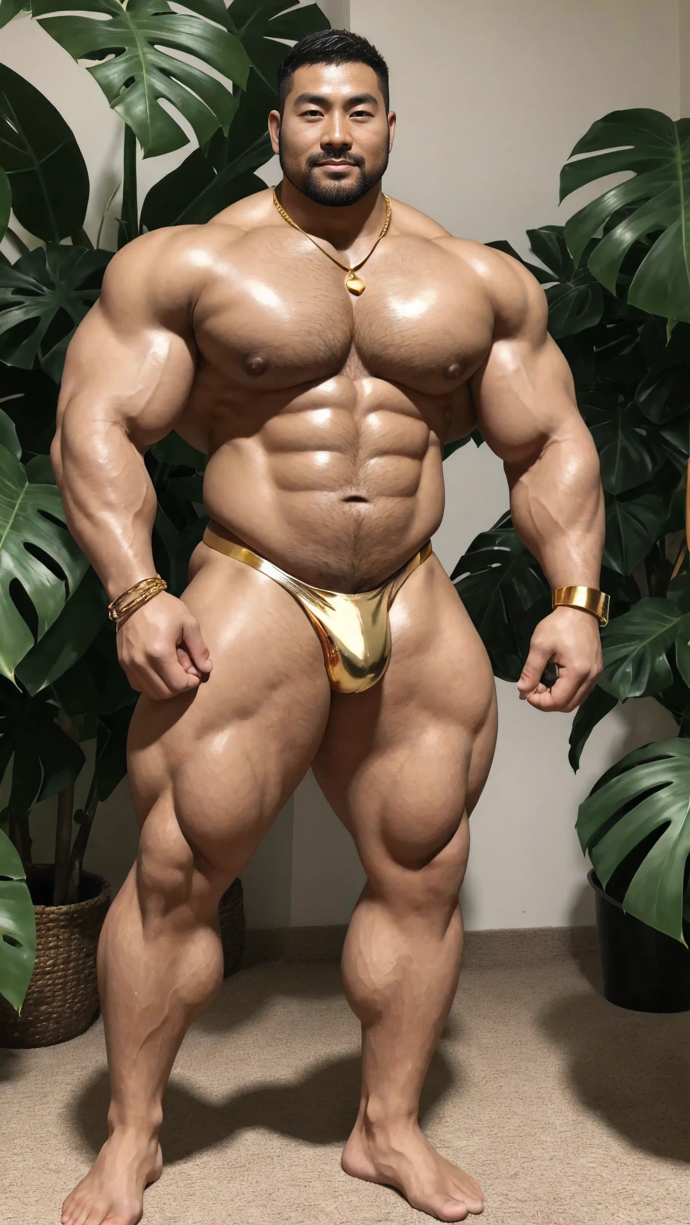 There is only one handsome Chinese man in the photo，35 years old，tall, Fitness，Smooth body，Smooth skin，No chest hair，short hair, O-Shaped Beard，Perfect body, Dark skin color，Radiant Skin，Smooth skin，Shiny, shiny skin，Smooth pectoral muscles，Muscle bulge, muscular, Very large pectoral muscles，Very sexy abdominal muscles，Very well-developed leg muscles，Huge concave and convex area，Brightens oily skin，Wearing a shiny gold leather thong，Handsome face，Normal human toes，Correct and accurate male body proportions，Gold necklace，Gold bracelet，Gold anklets，Standing in front of Monstera leaves。